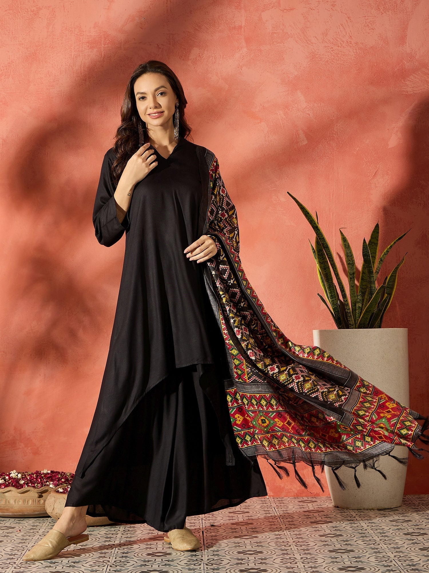 InWeave Black Mandarin Patola Kurta Set 