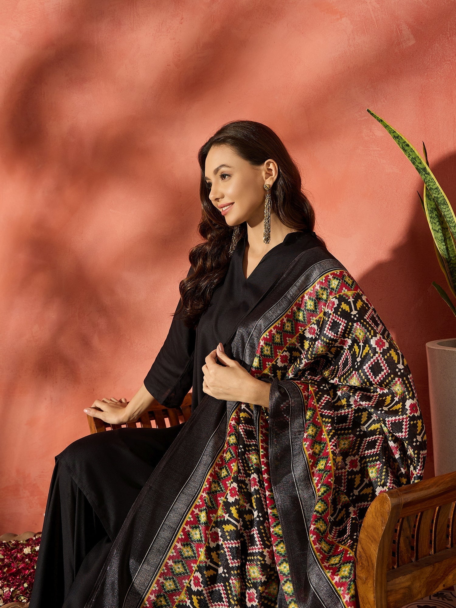 InWeave Black Mandarin Patola Kurta Set 