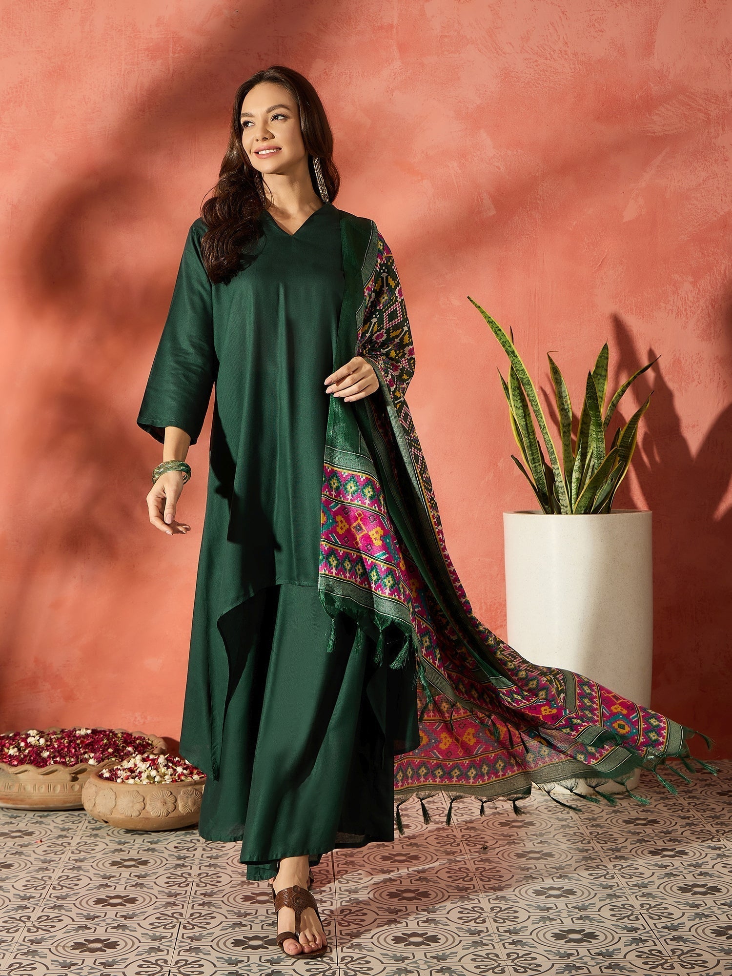 InWeave Dark Green Mandarin Patola Kurta Set 