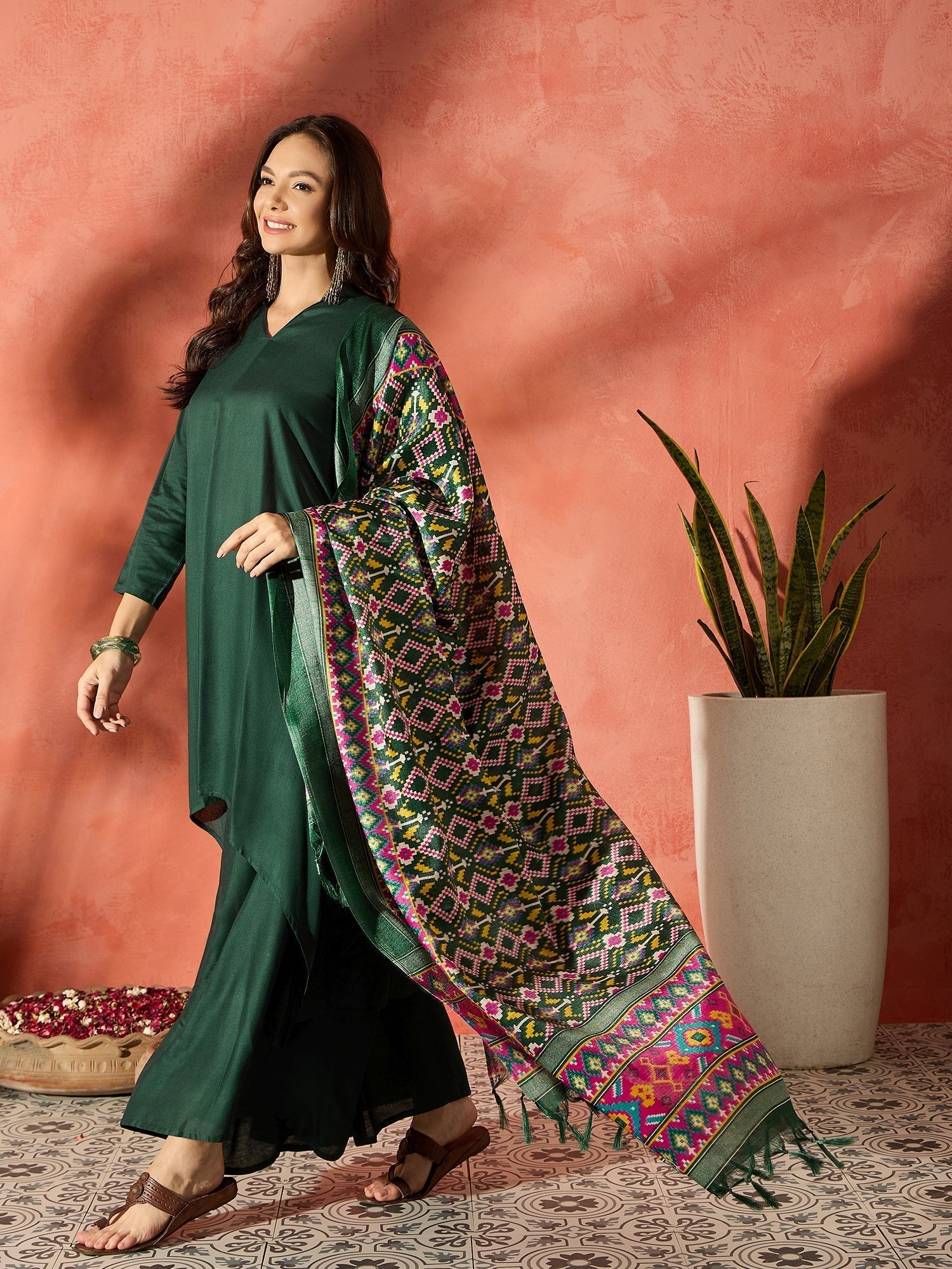 InWeave Dark Green Mandarin Patola Kurta Set 