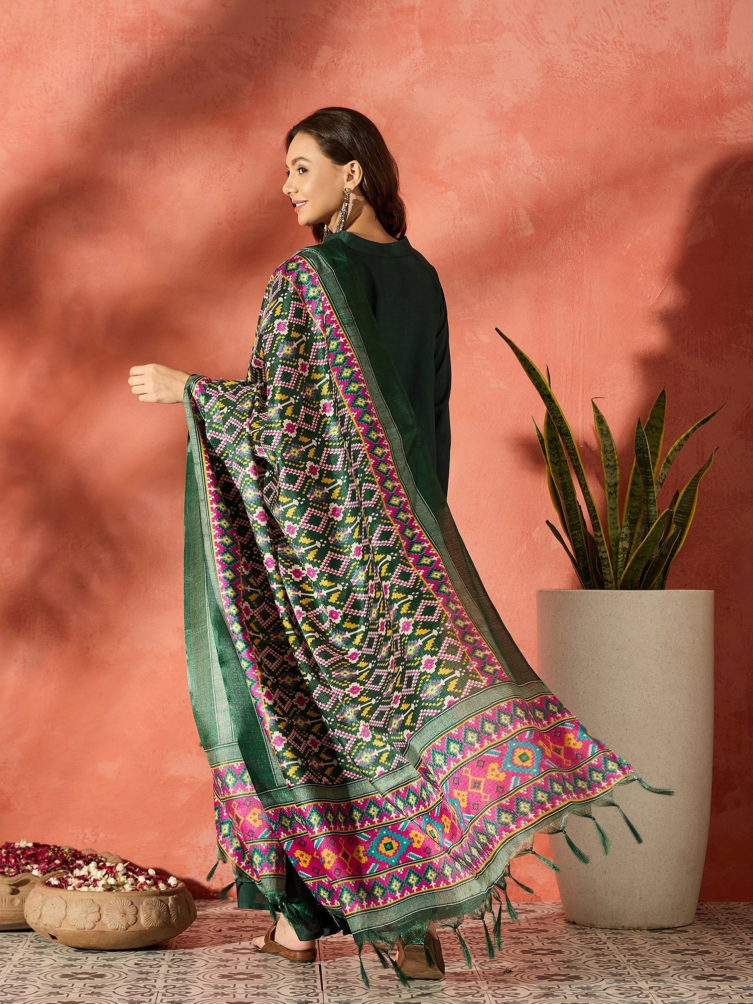 InWeave Dark Green Mandarin Patola Kurta Set 