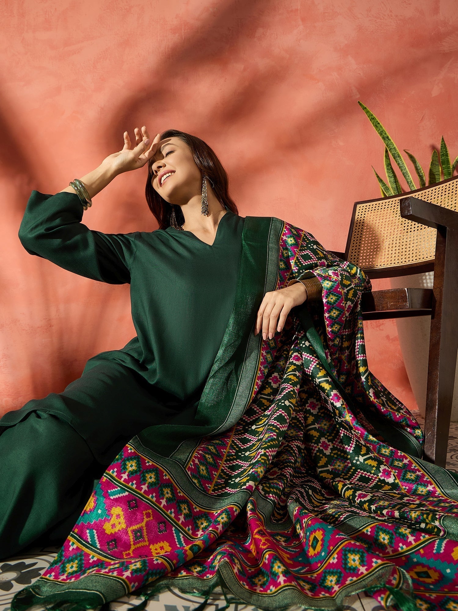InWeave Dark Green Mandarin Patola Kurta Set 