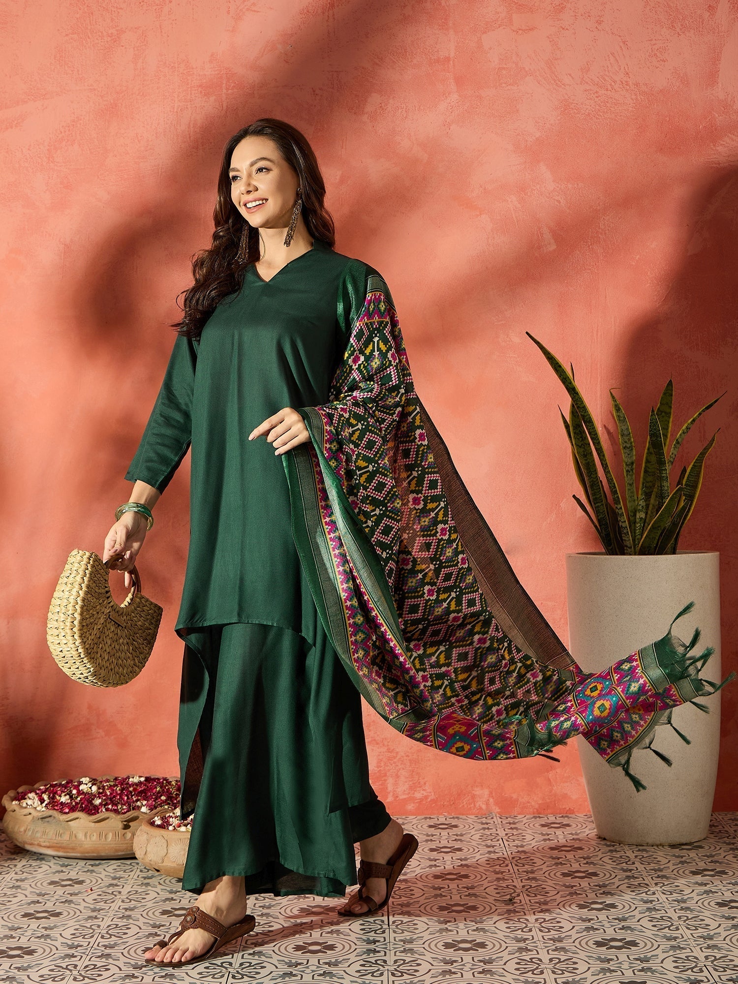 InWeave Dark Green Mandarin Patola Kurta Set 