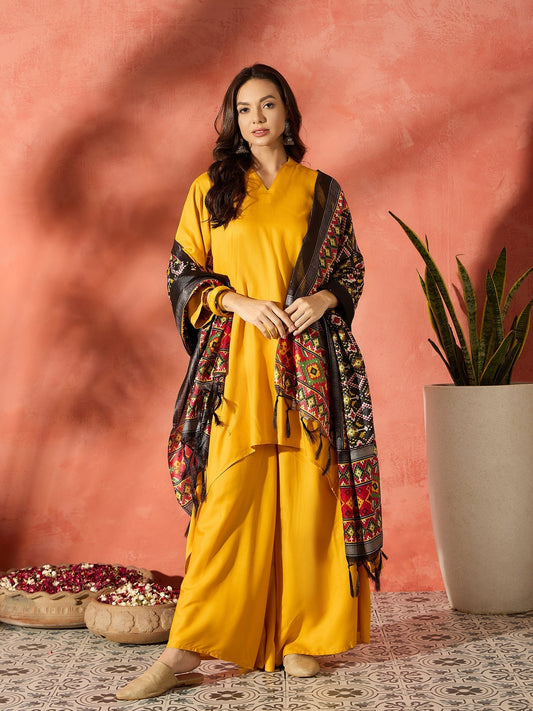 InWeave Mustard Mandarin Patola Kurta Set 