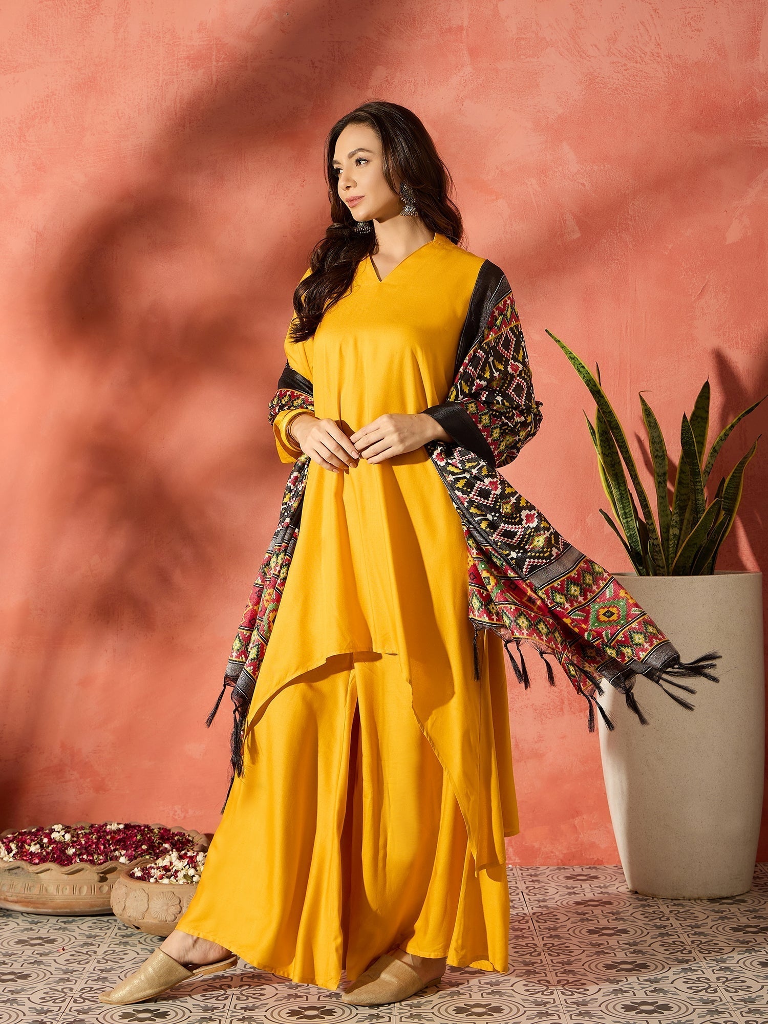 InWeave Mustard Mandarin Patola Kurta Set 