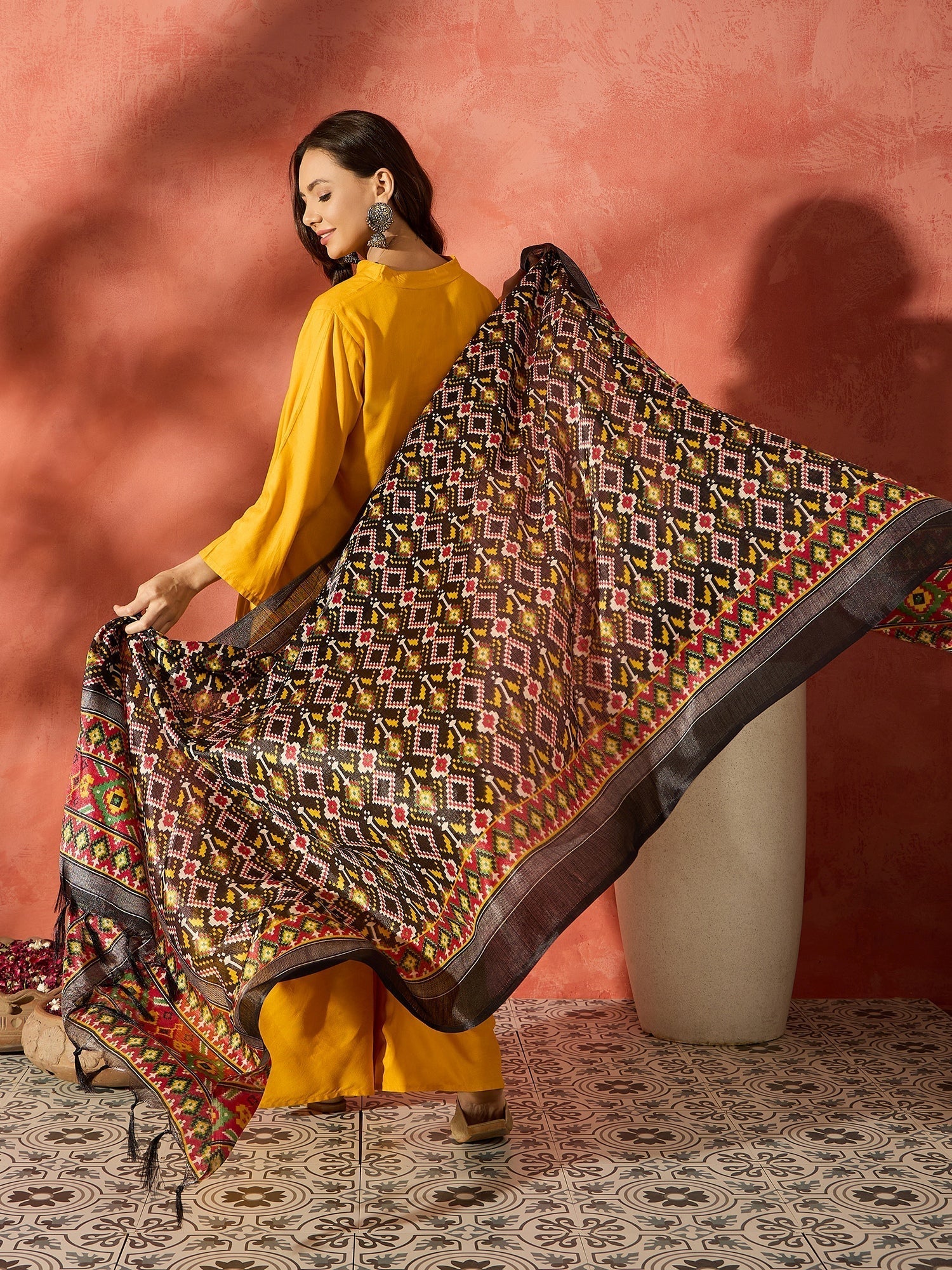 InWeave Mustard Mandarin Patola Kurta Set 