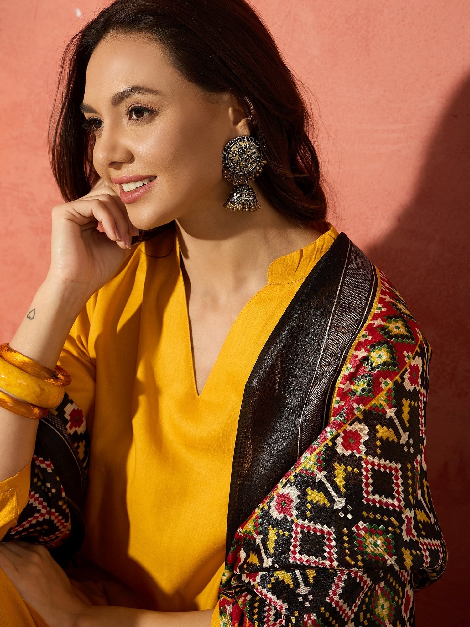 InWeave Mustard Mandarin Patola Kurta Set 