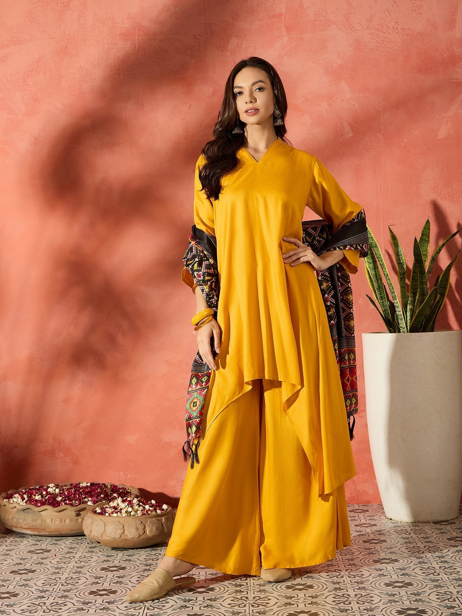 InWeave Mustard Mandarin Patola Kurta Set 
