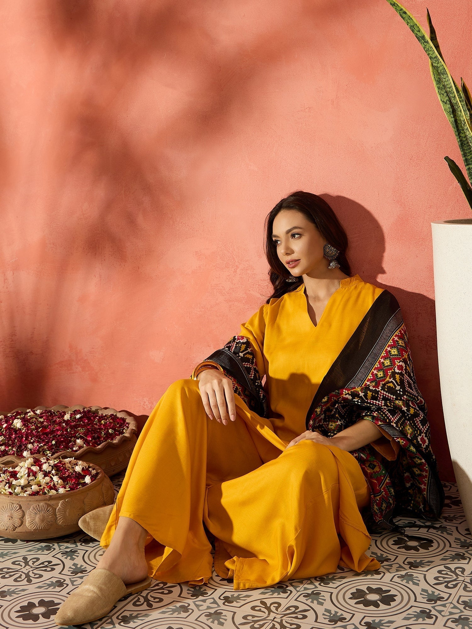 InWeave Mustard Mandarin Patola Kurta Set 