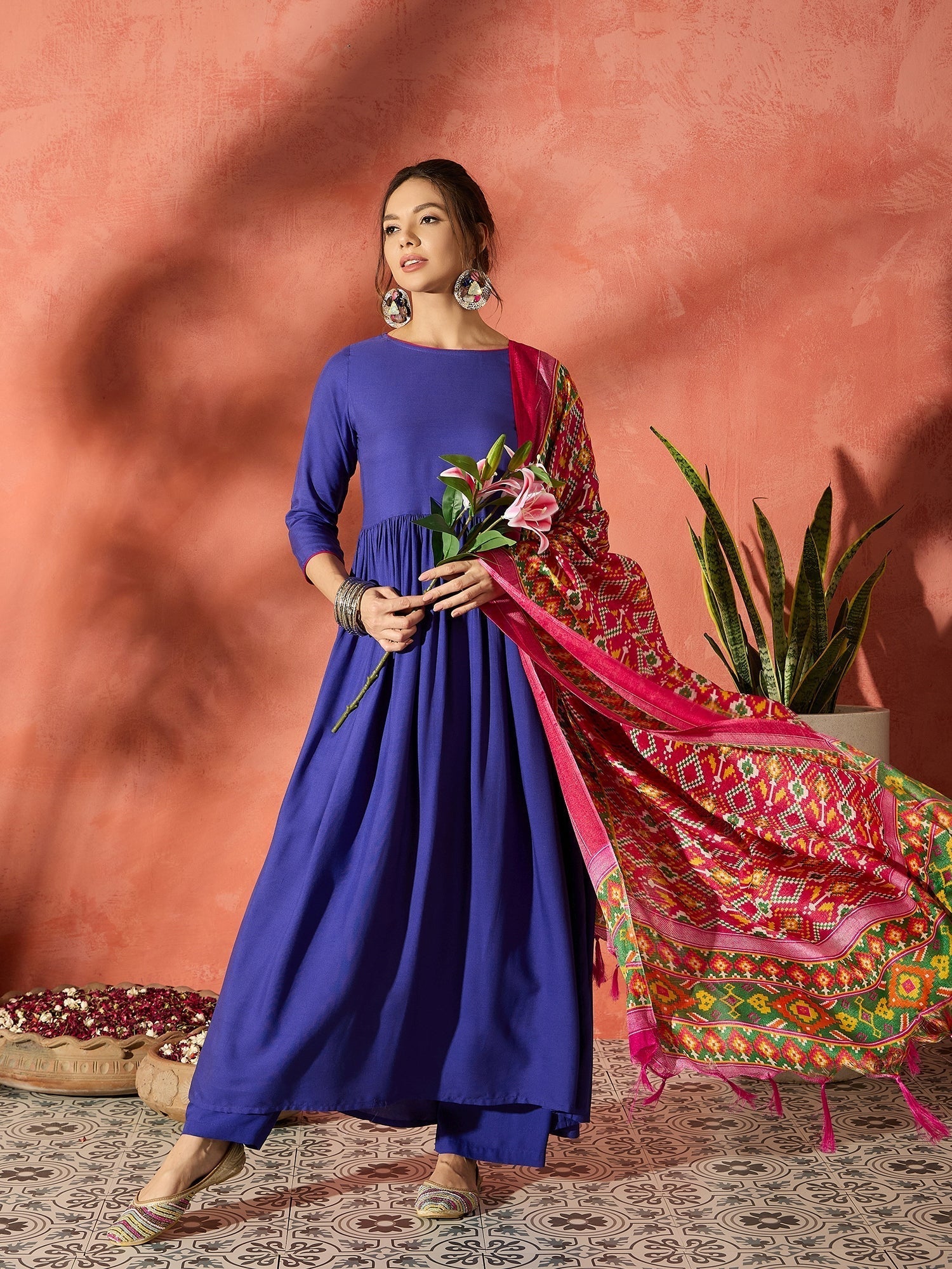 InWeave Ink Blue Anarkali Patola Kurta Set 
