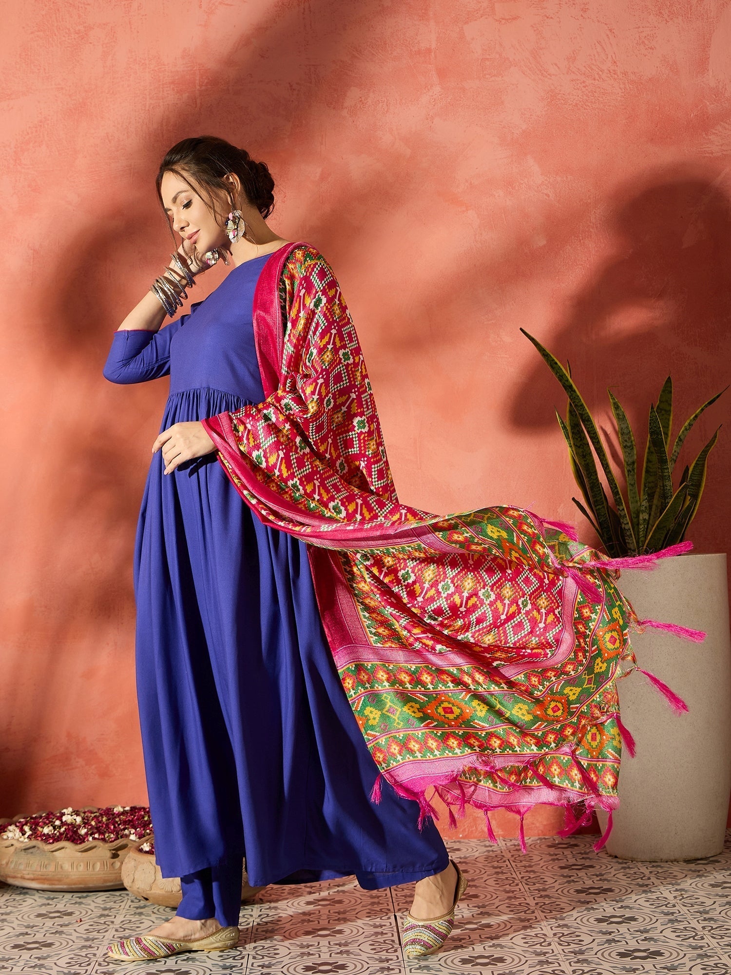 InWeave Ink Blue Anarkali Patola Kurta Set 