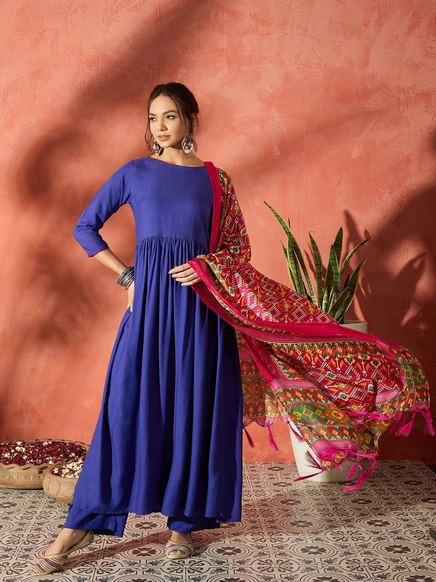 InWeave Ink Blue Anarkali Patola Kurta Set 