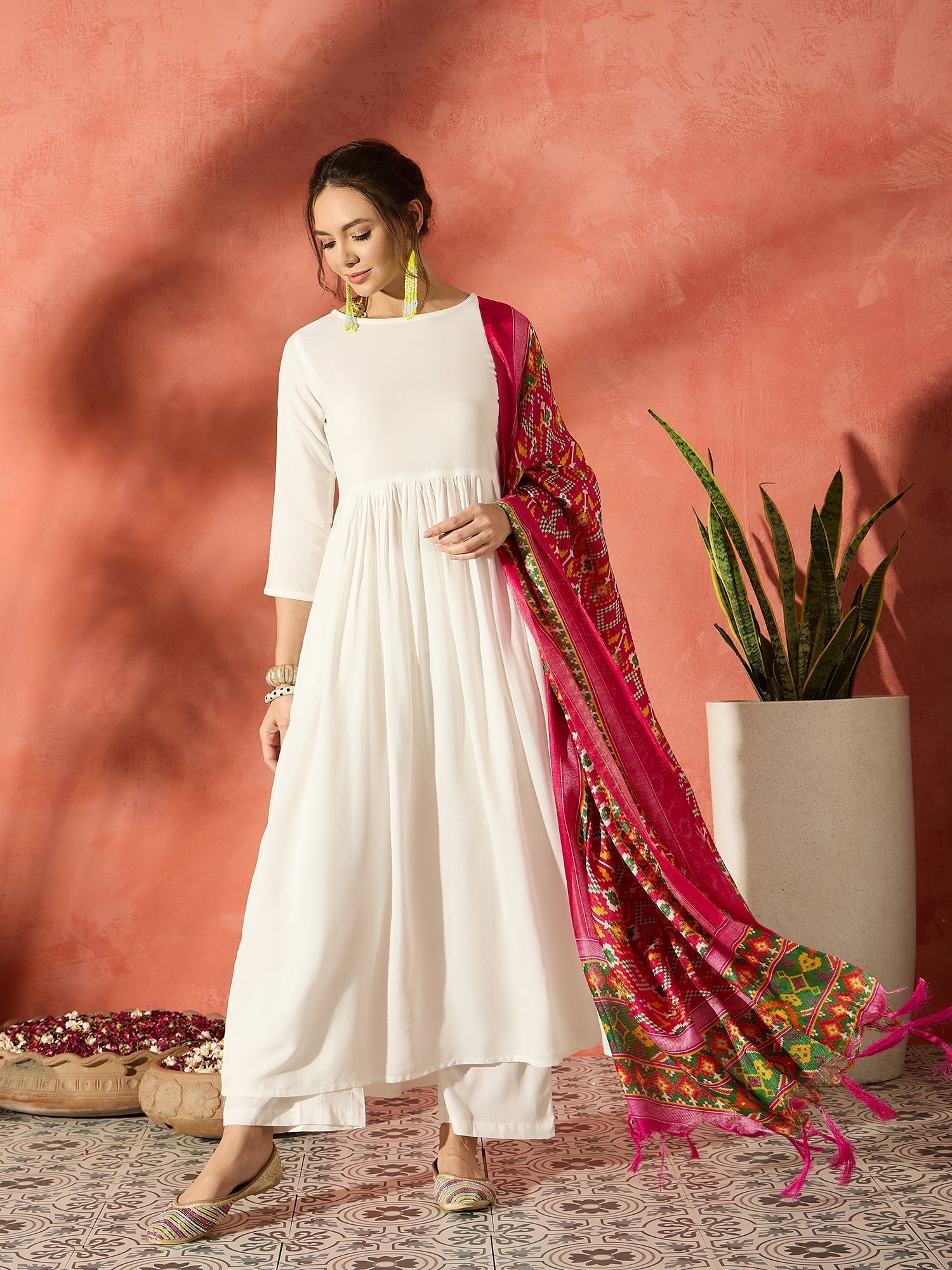 InWeave White Anarkali Patola Kurta Set 