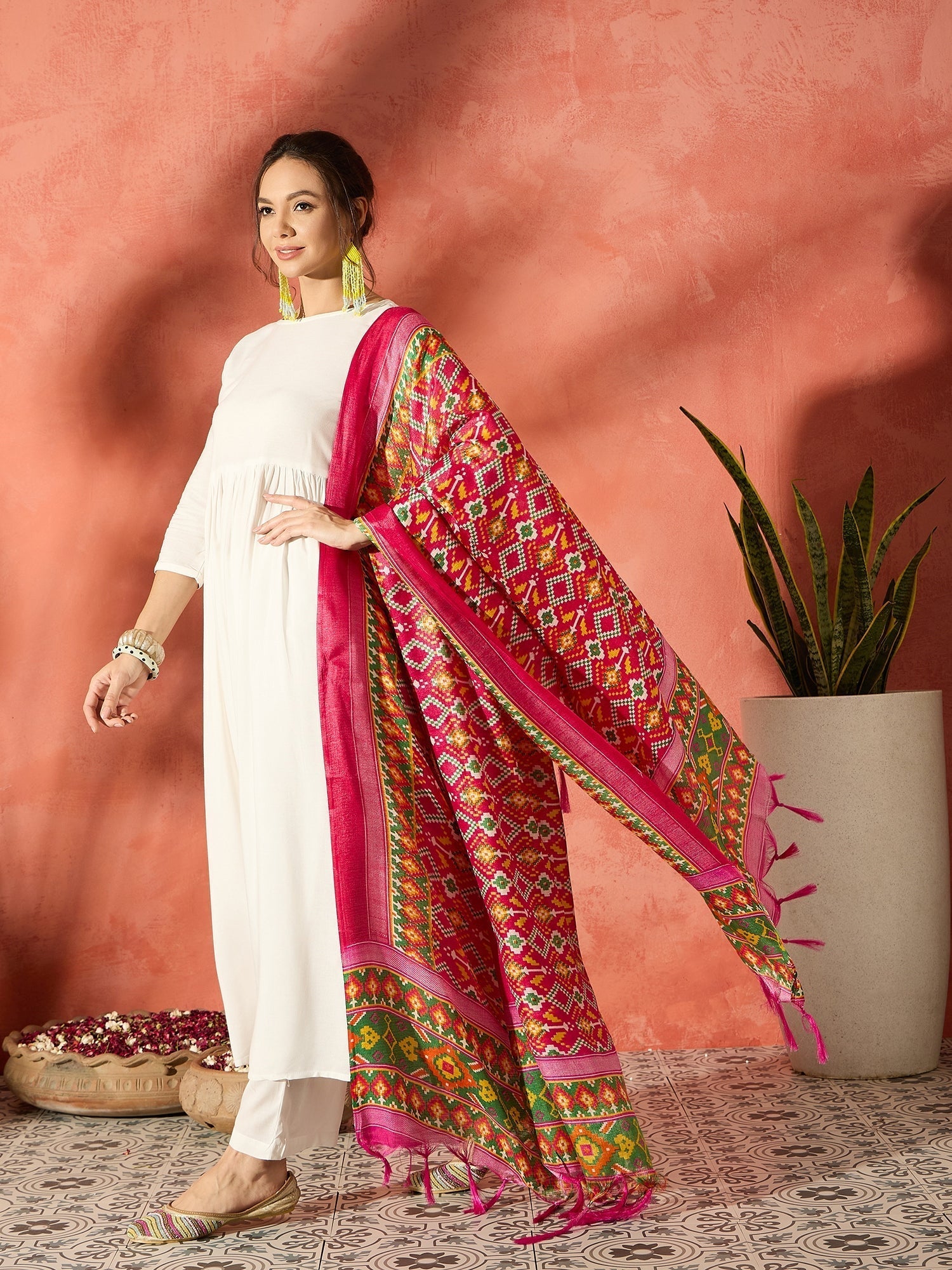 InWeave White Anarkali Patola Kurta Set 