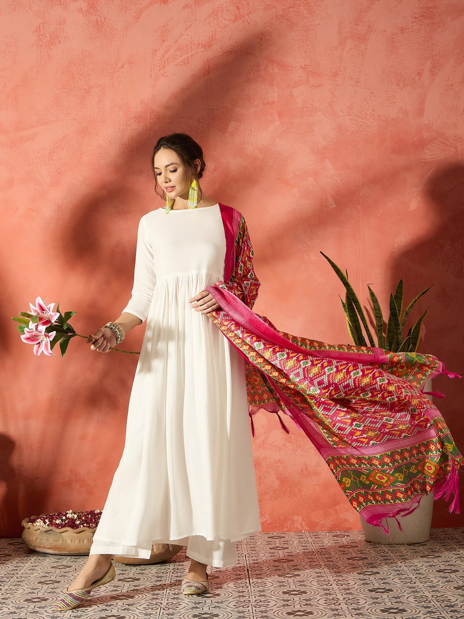 InWeave White Anarkali Patola Kurta Set 