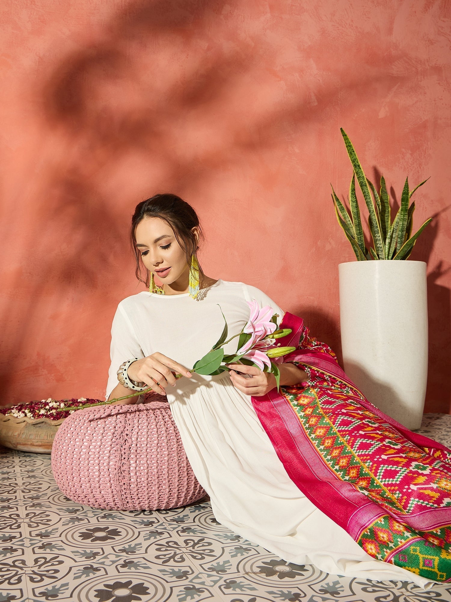 InWeave White Anarkali Patola Kurta Set 
