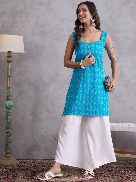 InWeave Cyan Blue Kantha Cream Palazzo Set | Grab2Buy