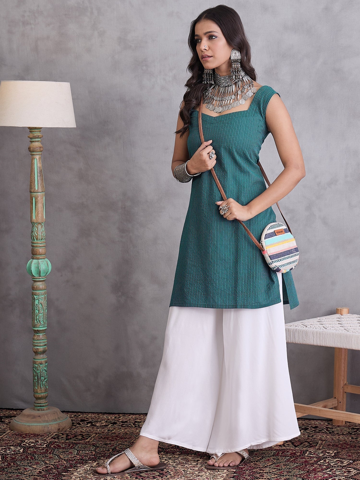 InWeave Emerald Green Kantha Cream Palazzo Set | Grab2Buy