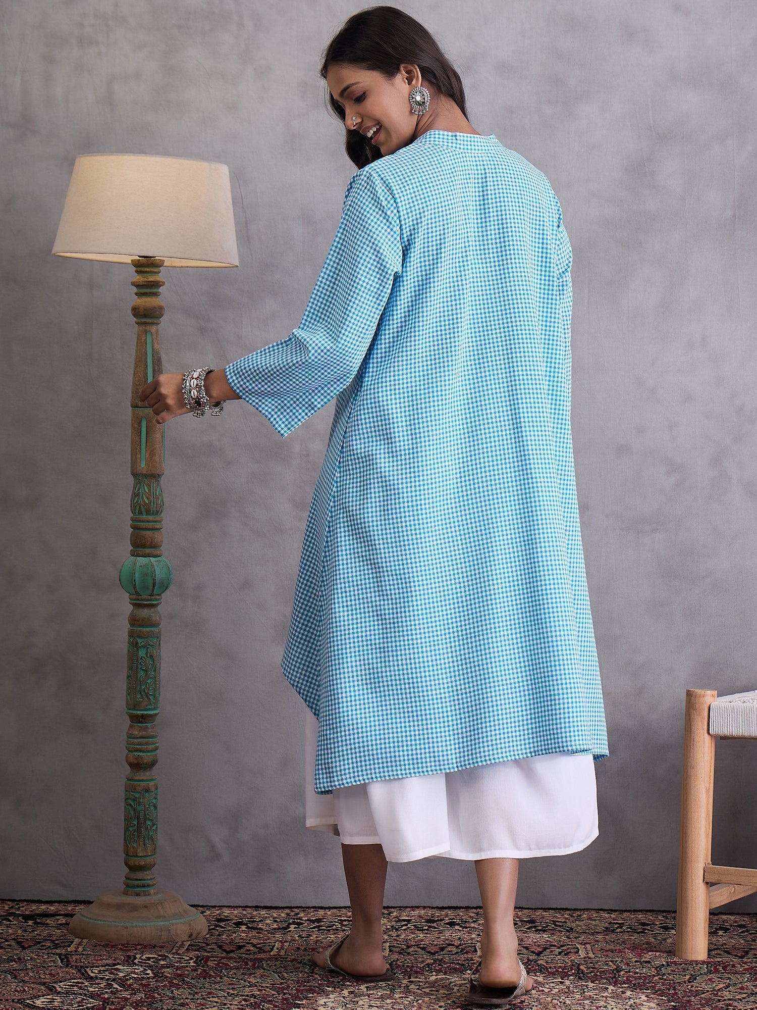 InWeave Cyan Blue Small Check Cream Palazzo Set | Grab2Buy