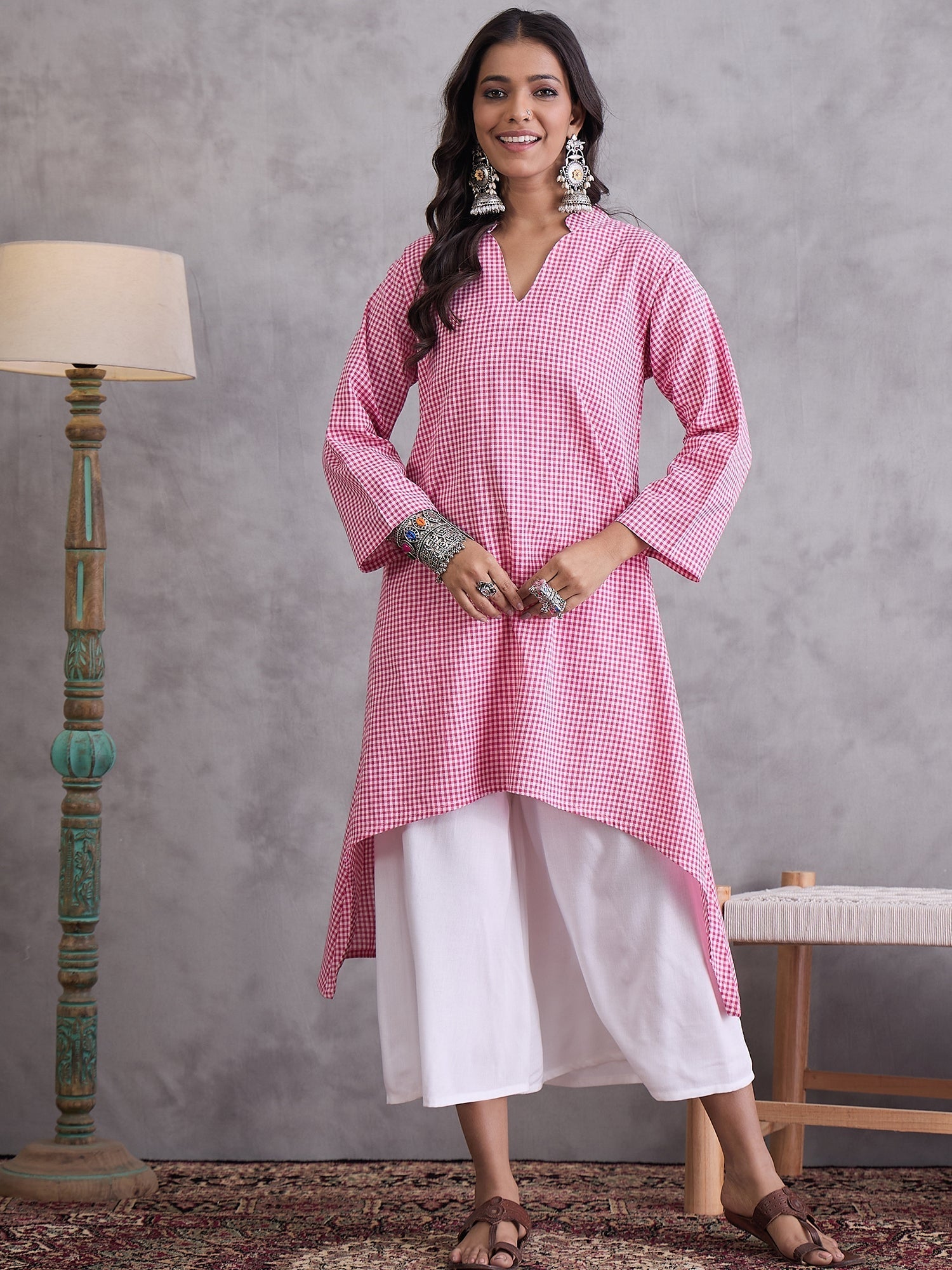 InWeave Pink Small Check Cream Palazzo Set 