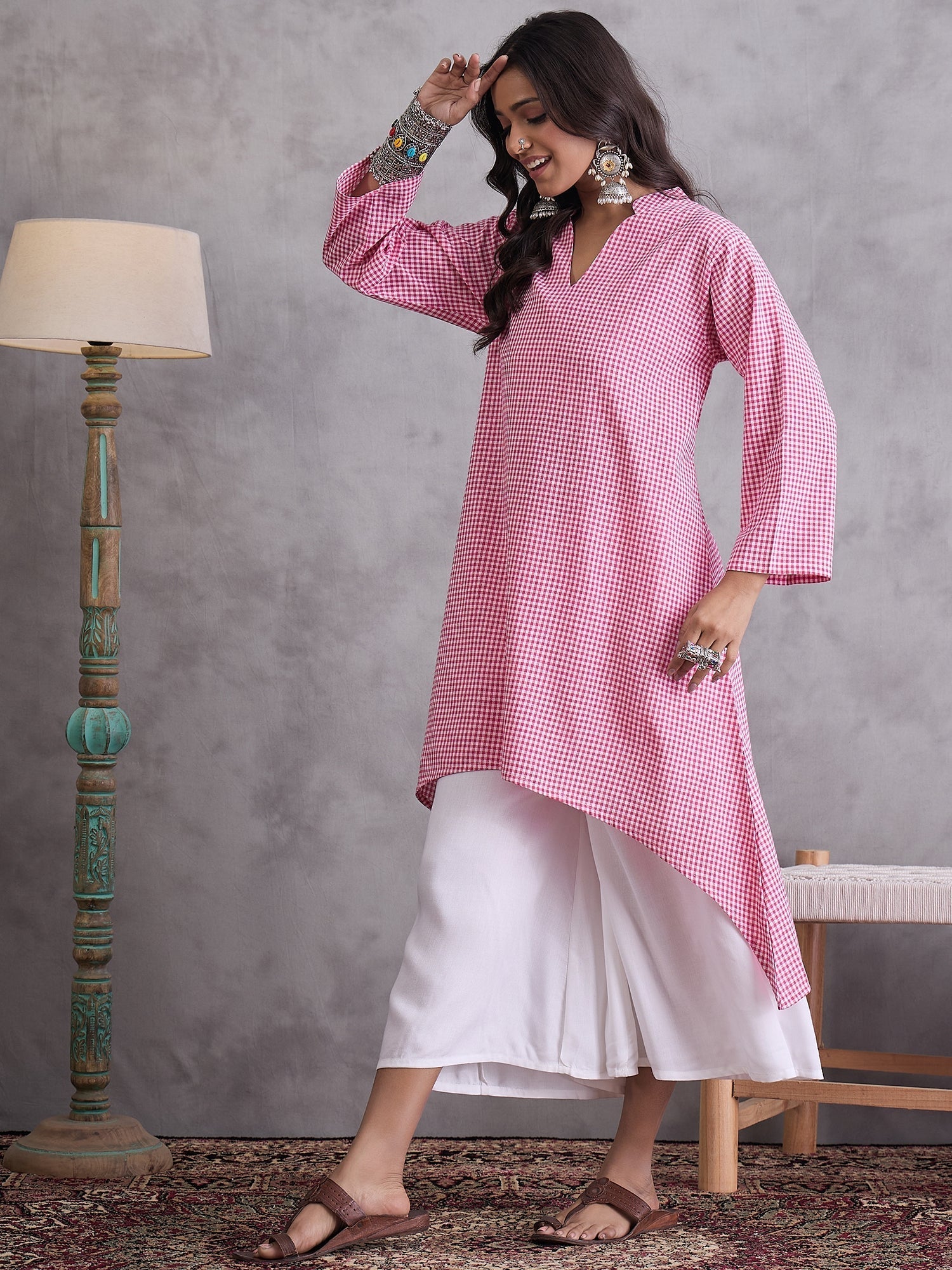 InWeave Pink Small Check Cream Palazzo Set 