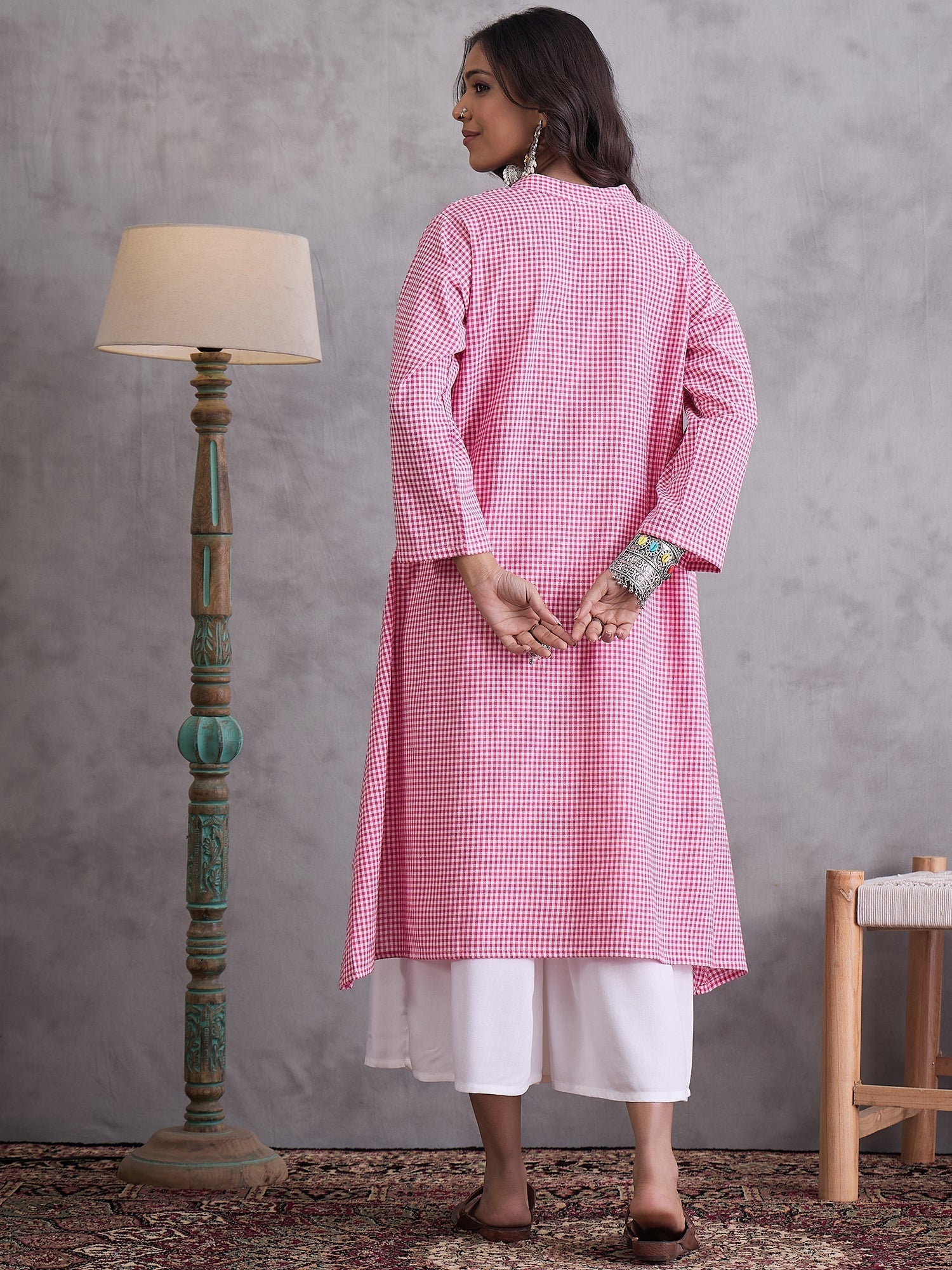 InWeave Pink Small Check Cream Palazzo Set 