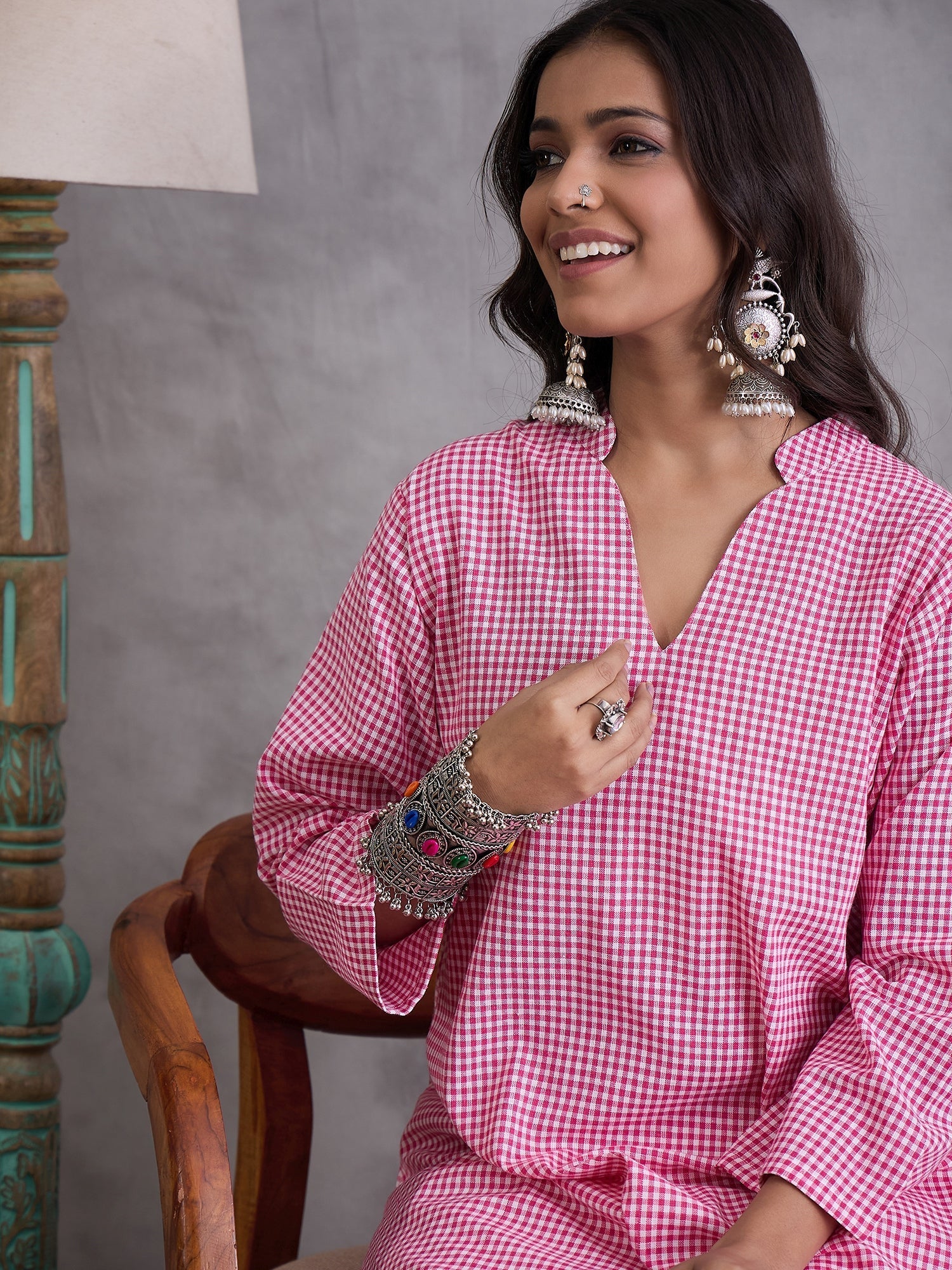 InWeave Pink Small Check Cream Palazzo Set 