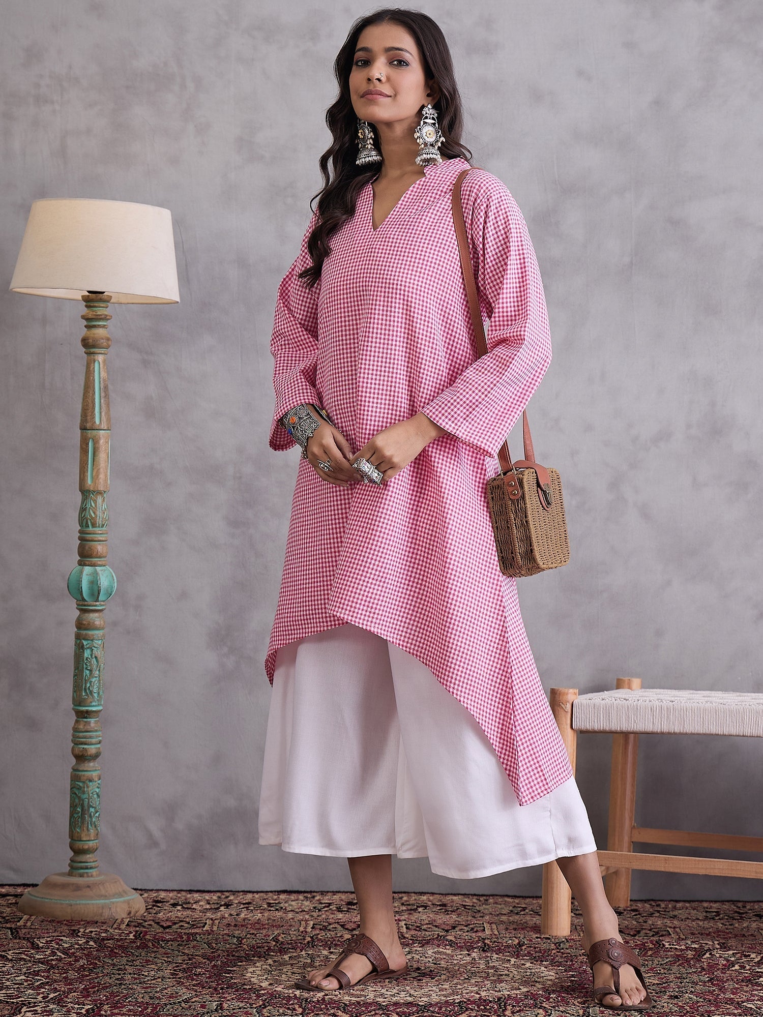 InWeave Pink Small Check Cream Palazzo Set 