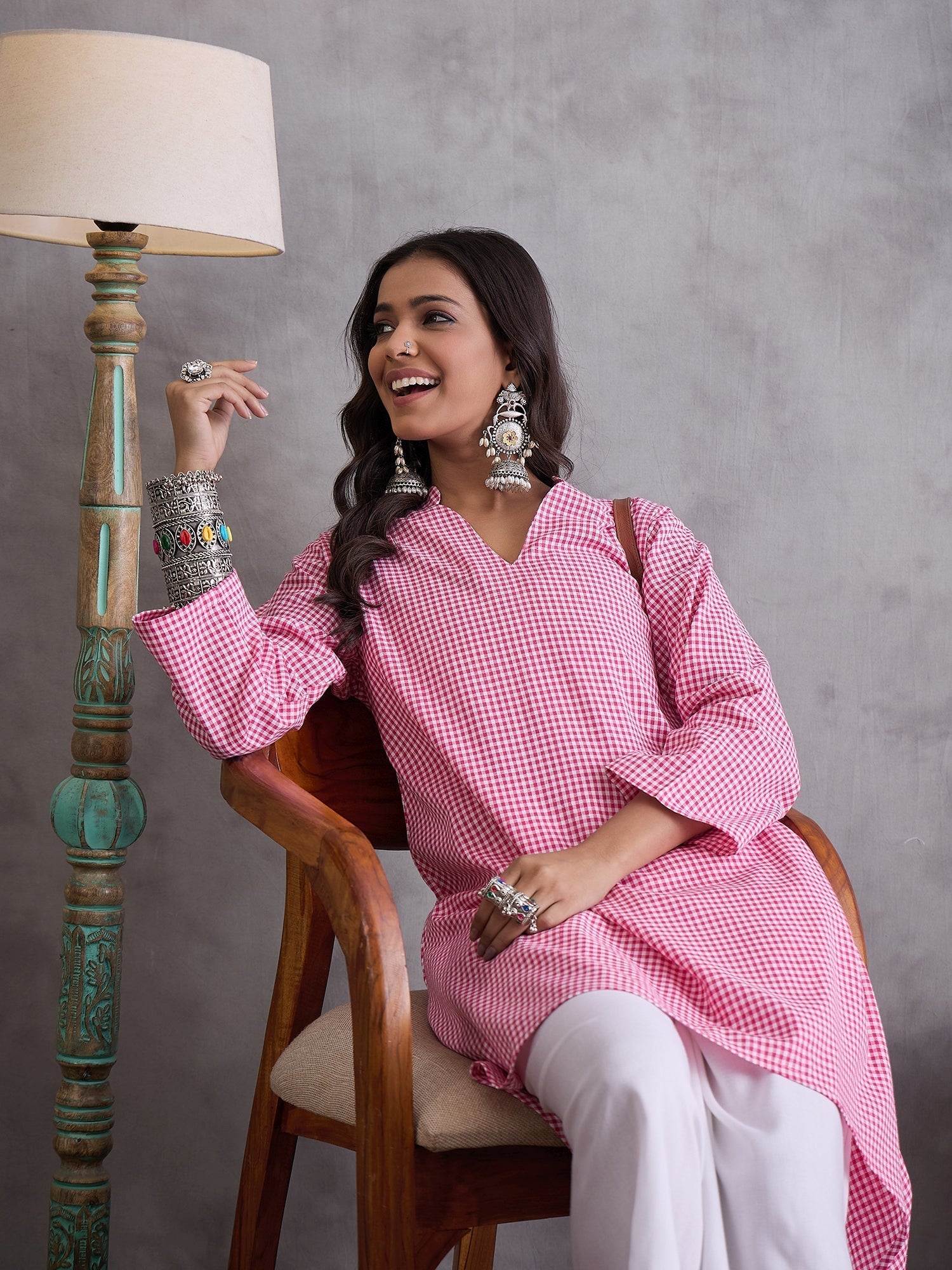 InWeave Pink Small Check Cream Palazzo Set 