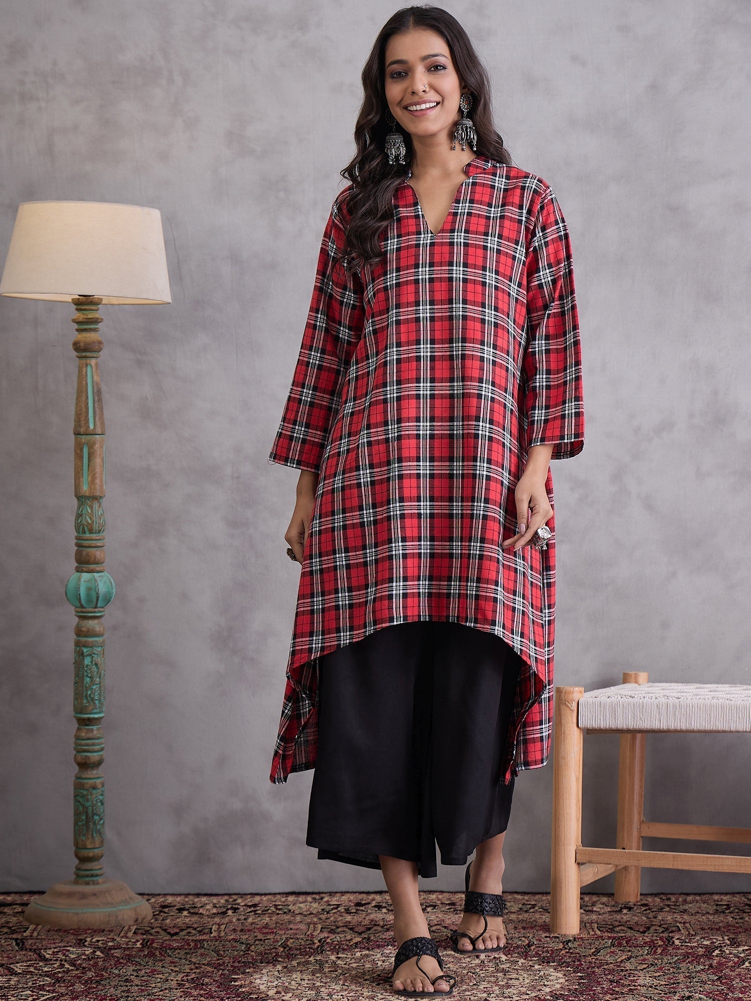 InWeave Red Black Check Black Palazzo Set 