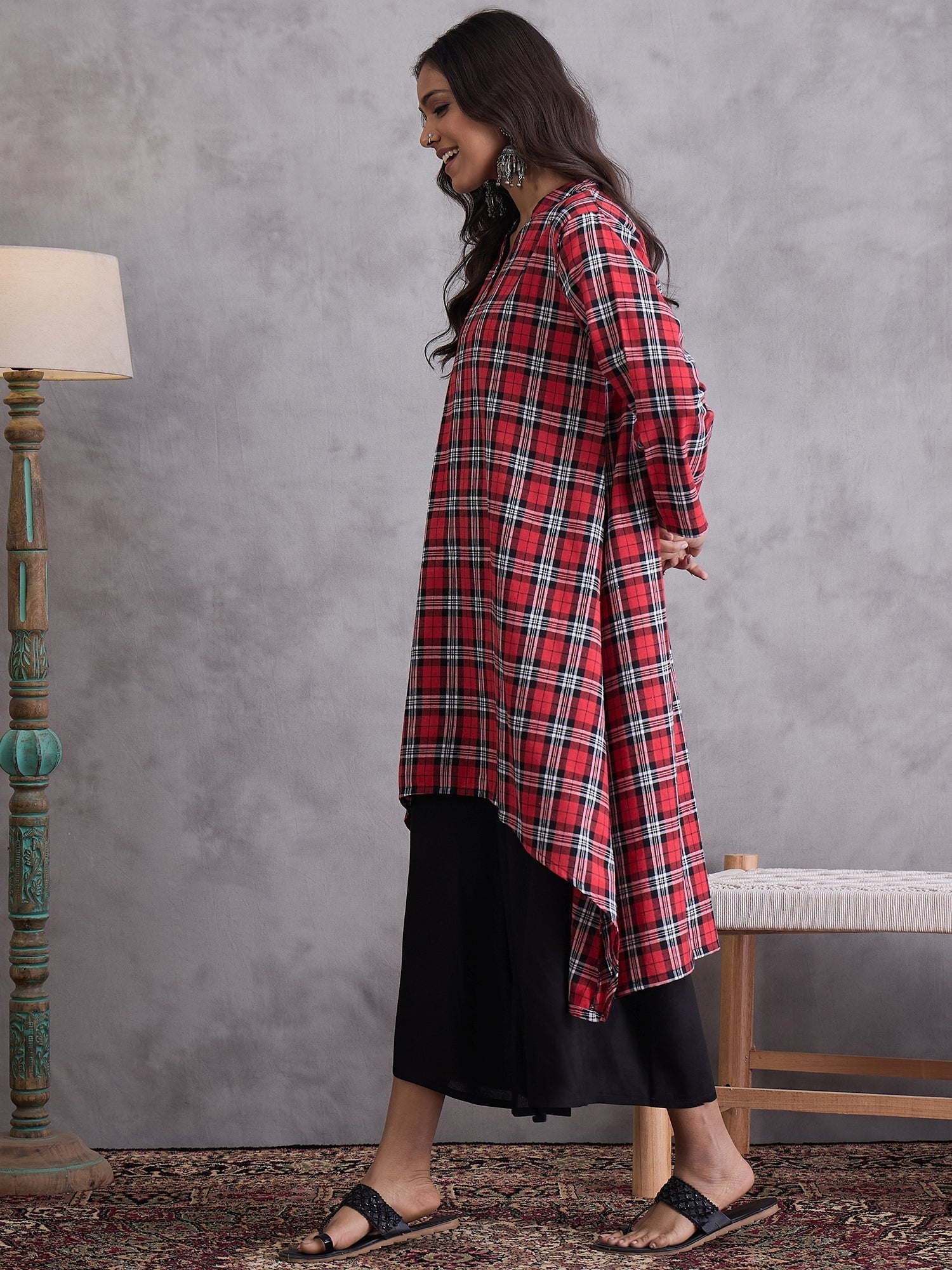 InWeave Red Black Check Black Palazzo Set 