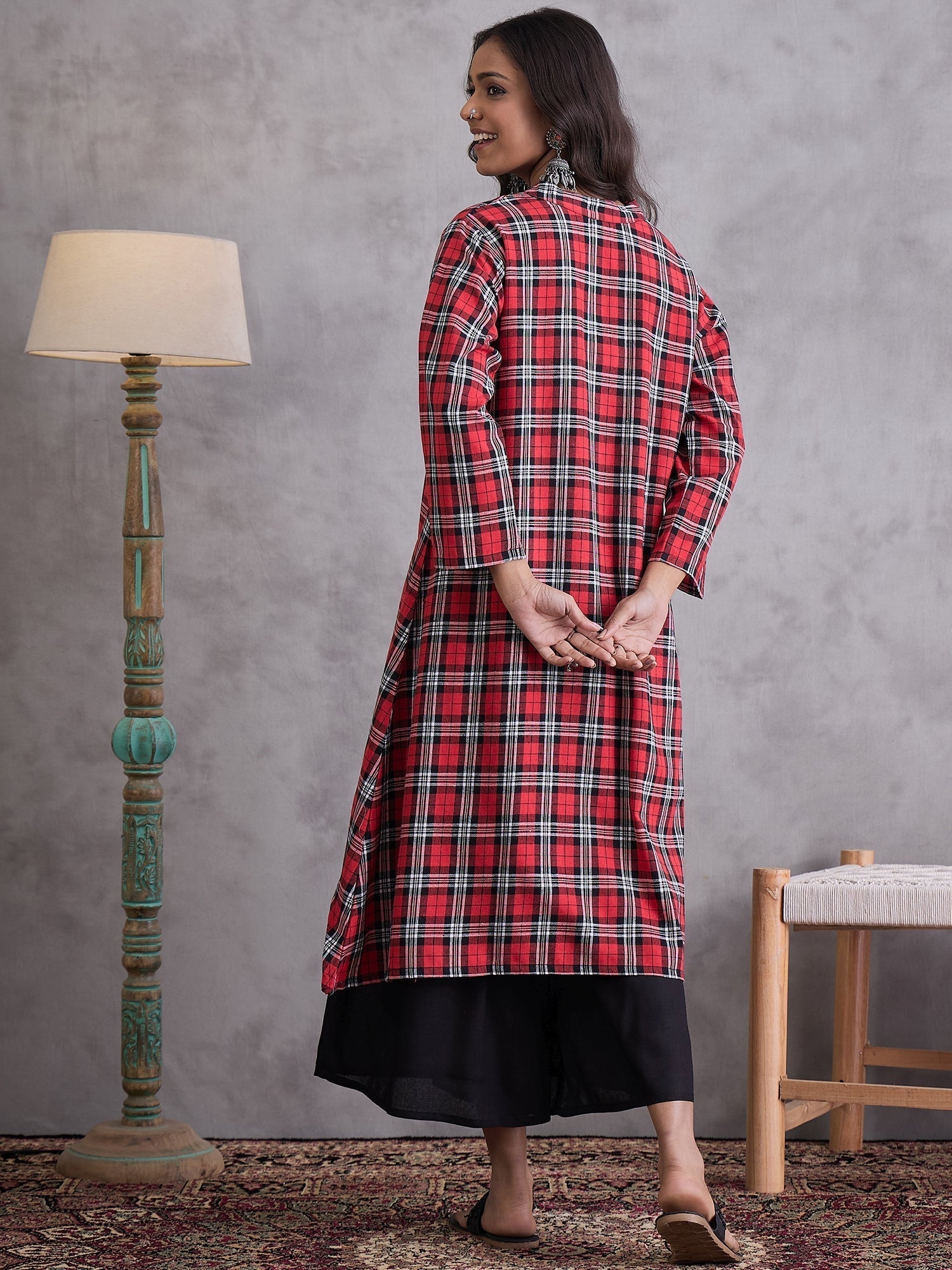 InWeave Red Black Check Black Palazzo Set 