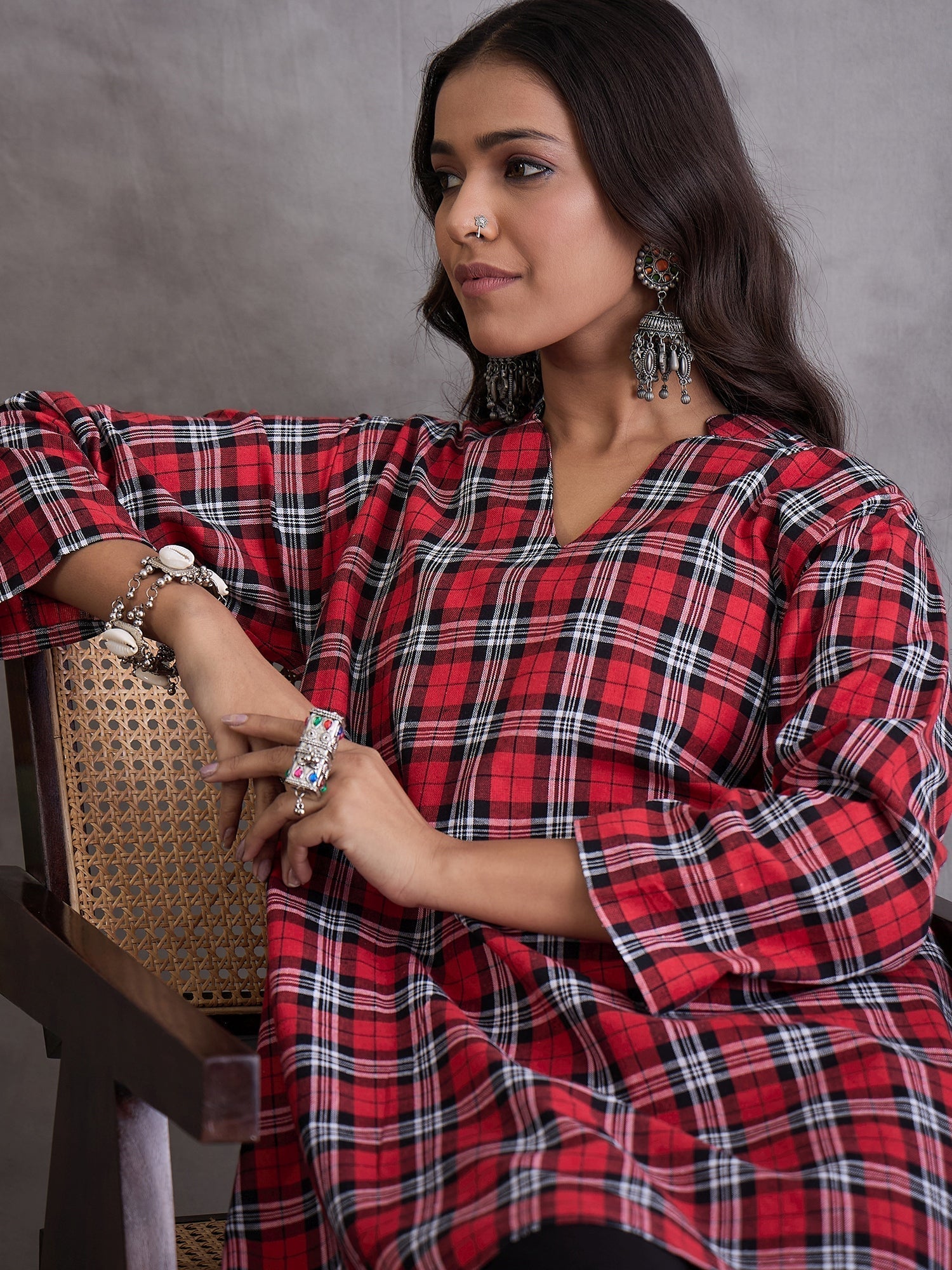 InWeave Red Black Check Black Palazzo Set 