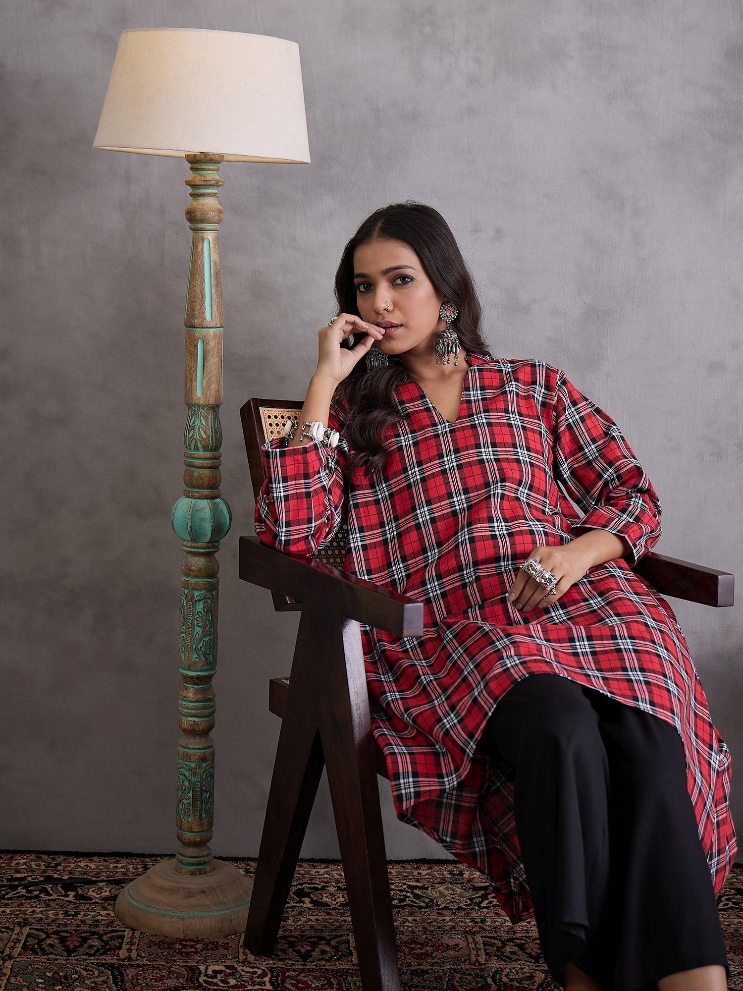 InWeave Red Black Check Black Palazzo Set 