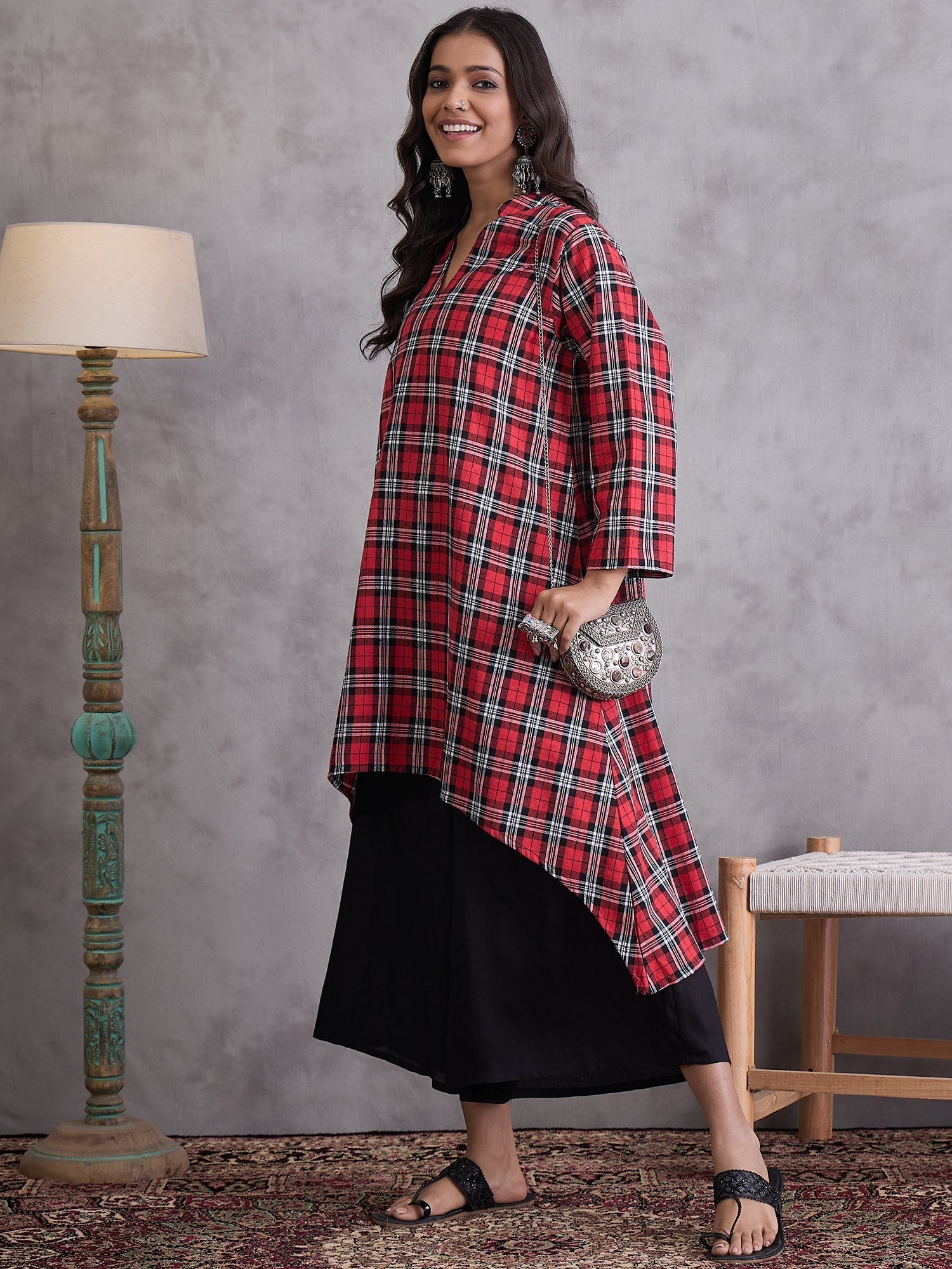 InWeave Red Black Check Black Palazzo Set 