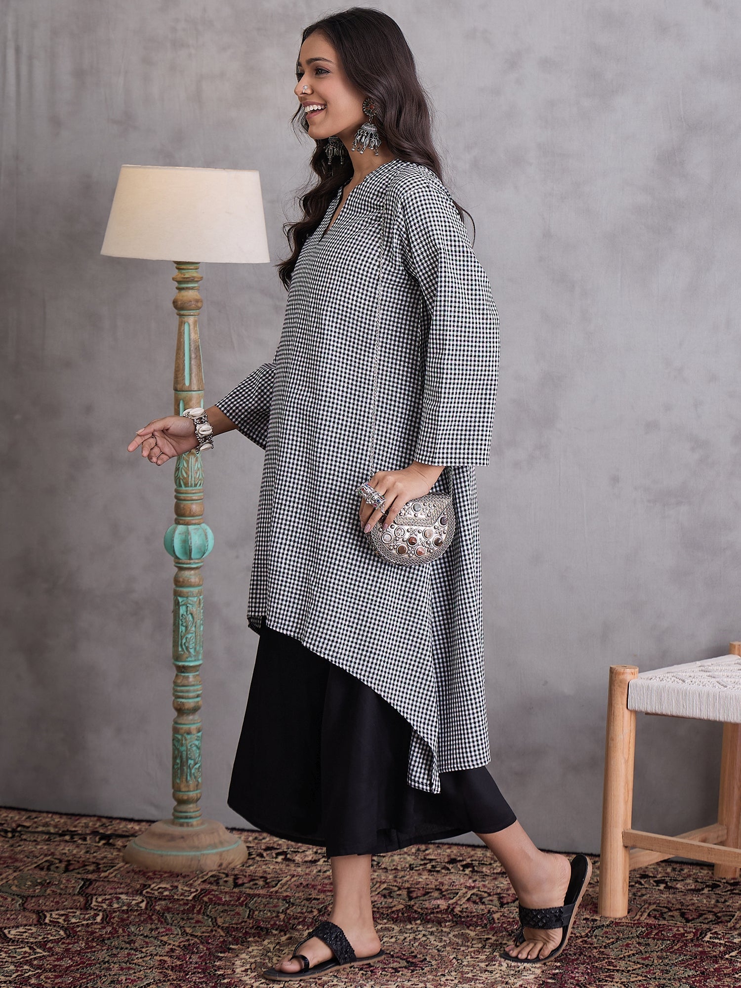 InWeave Black Small Check Black Palazzo Set 