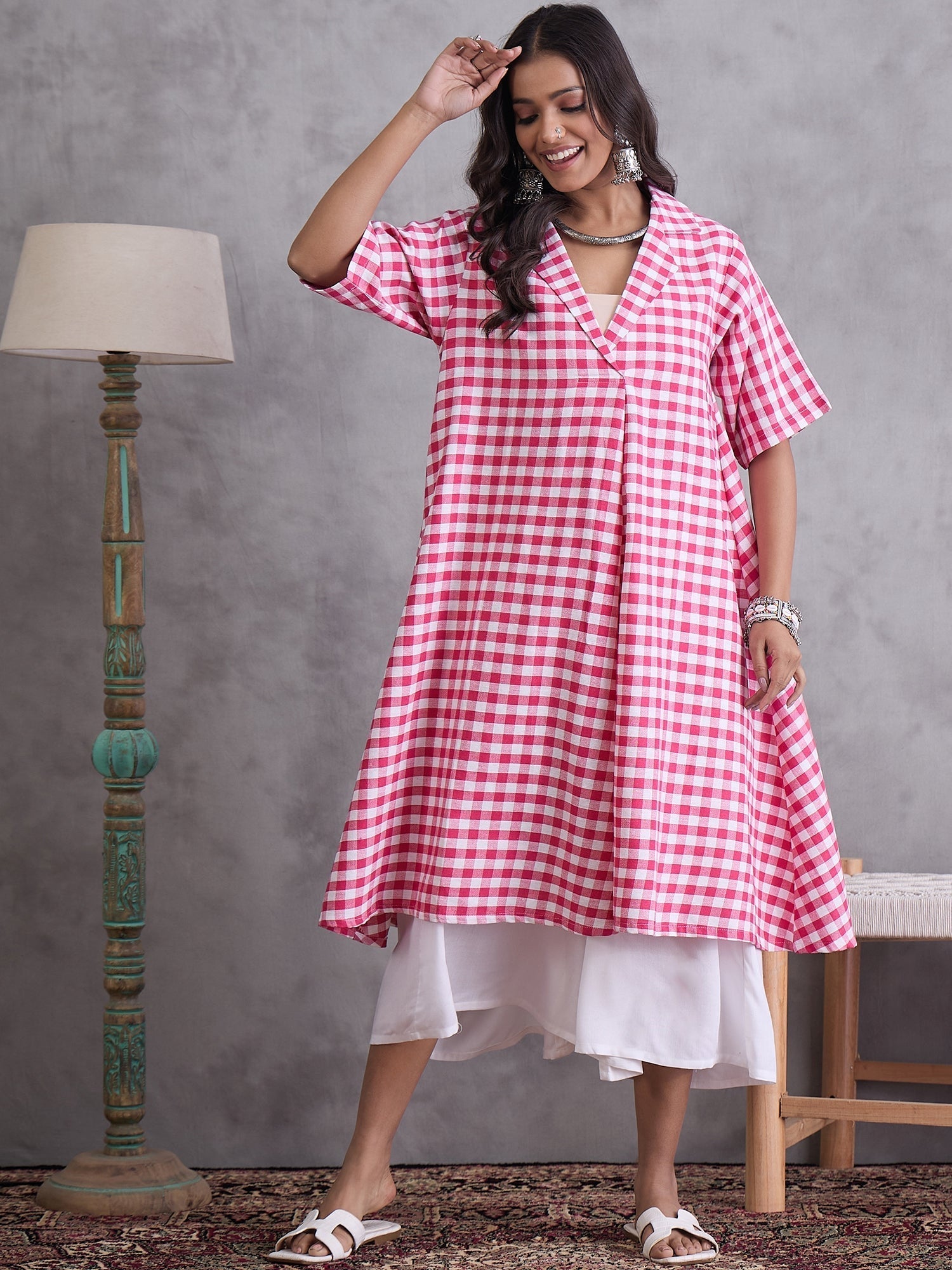 InWeave Pink Big Check Collar Palazzo Set 