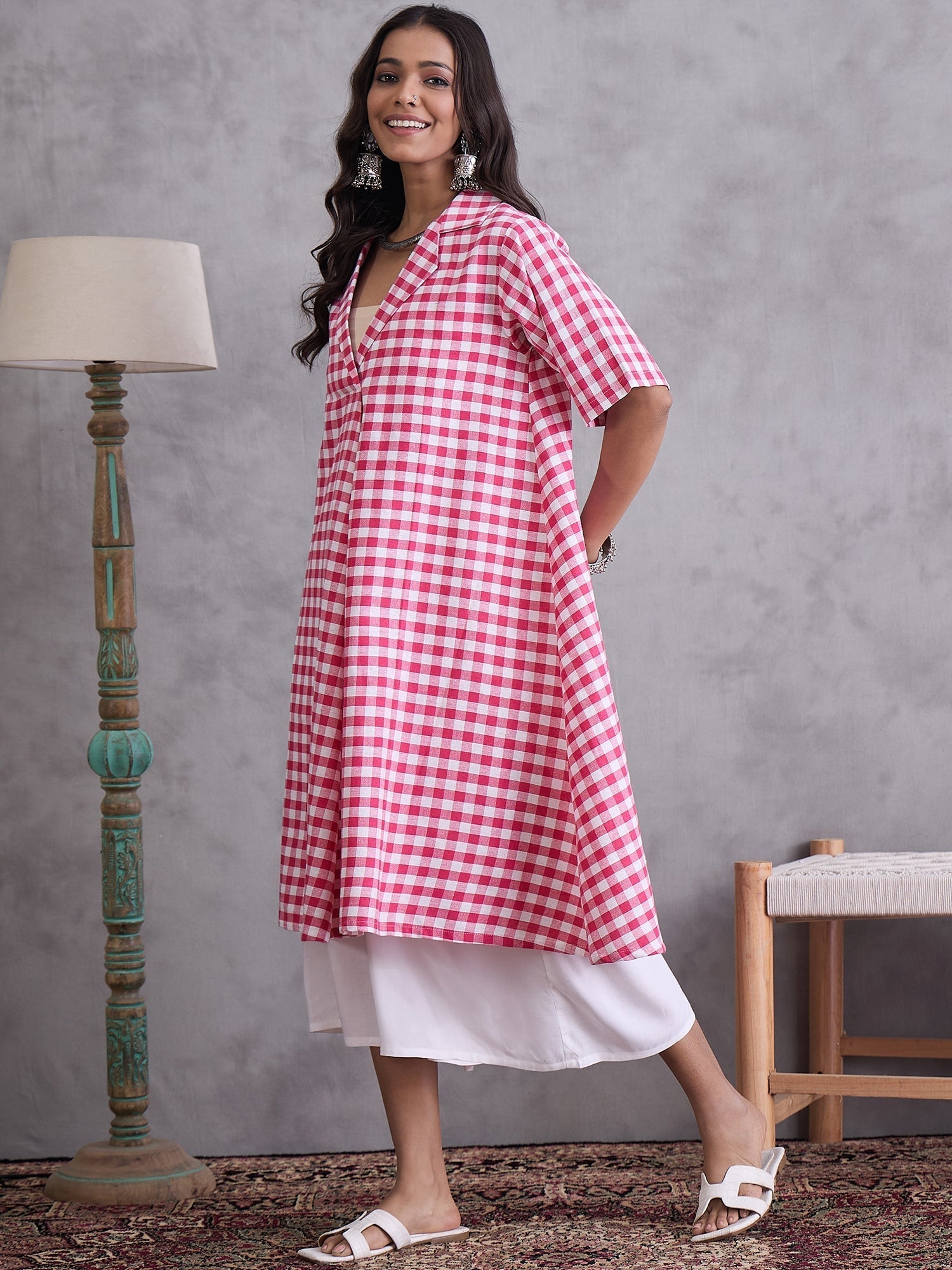 InWeave Pink Big Check Collar Palazzo Set 