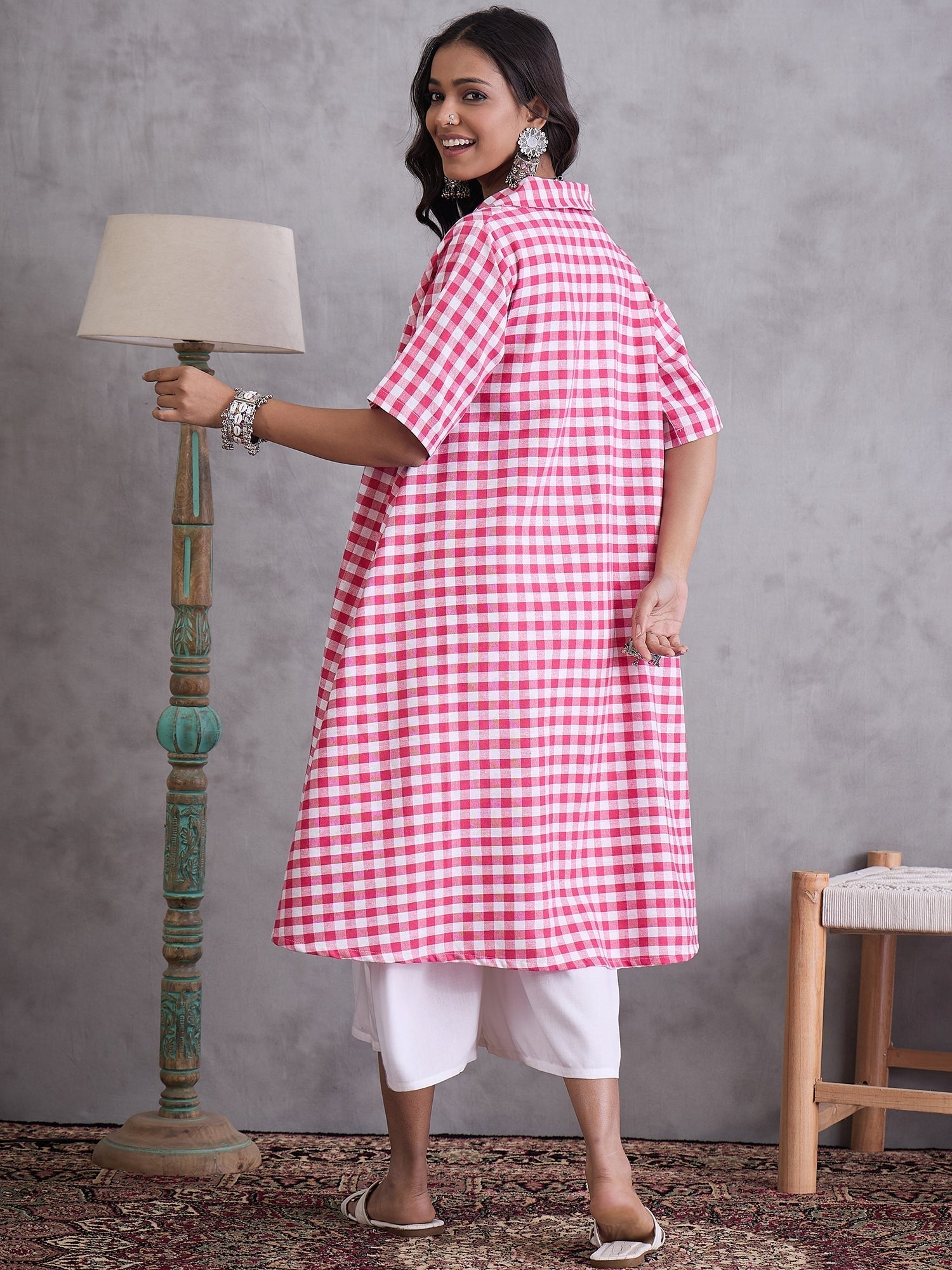 InWeave Pink Big Check Collar Palazzo Set 