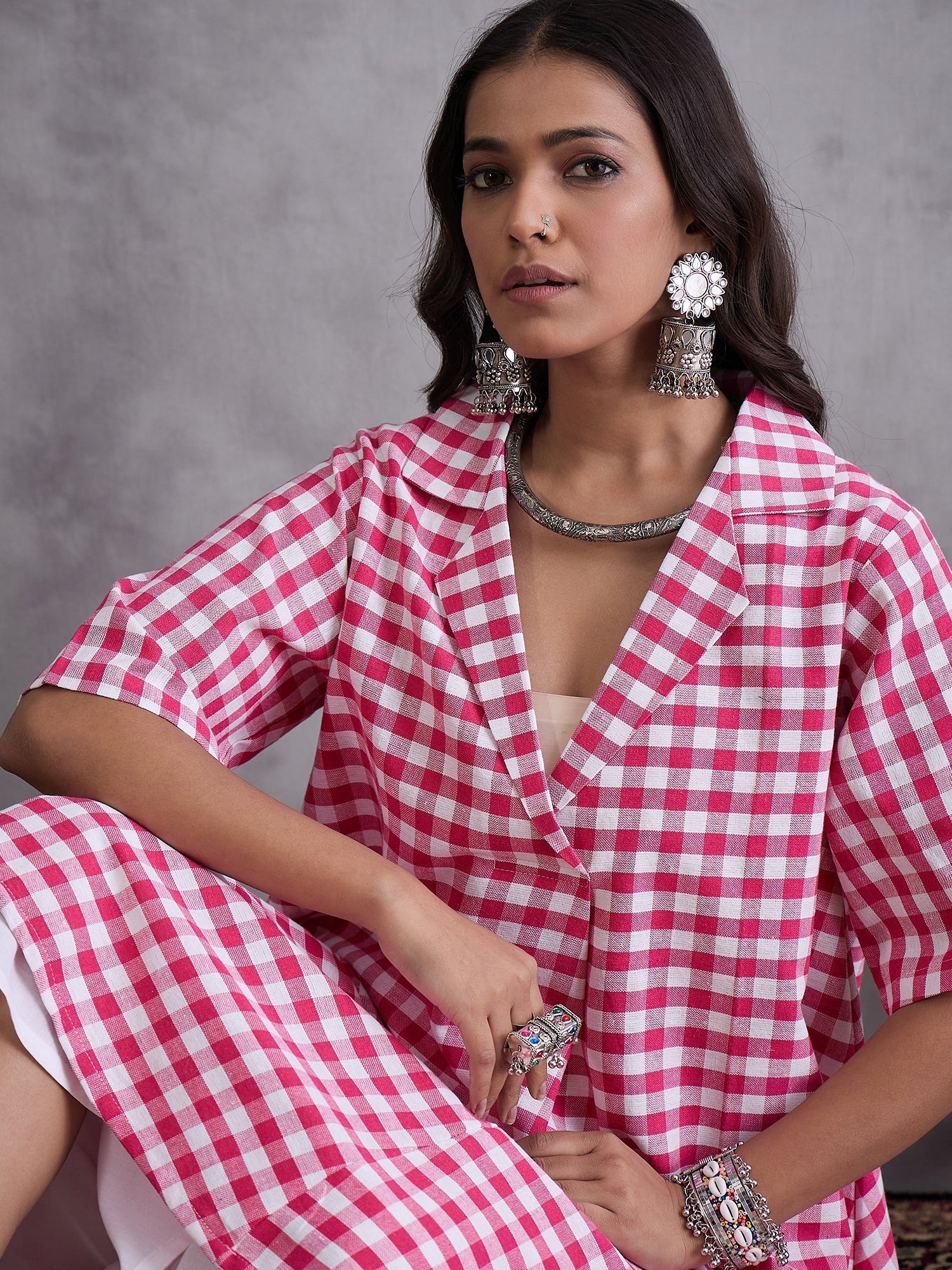 InWeave Pink Big Check Collar Palazzo Set 