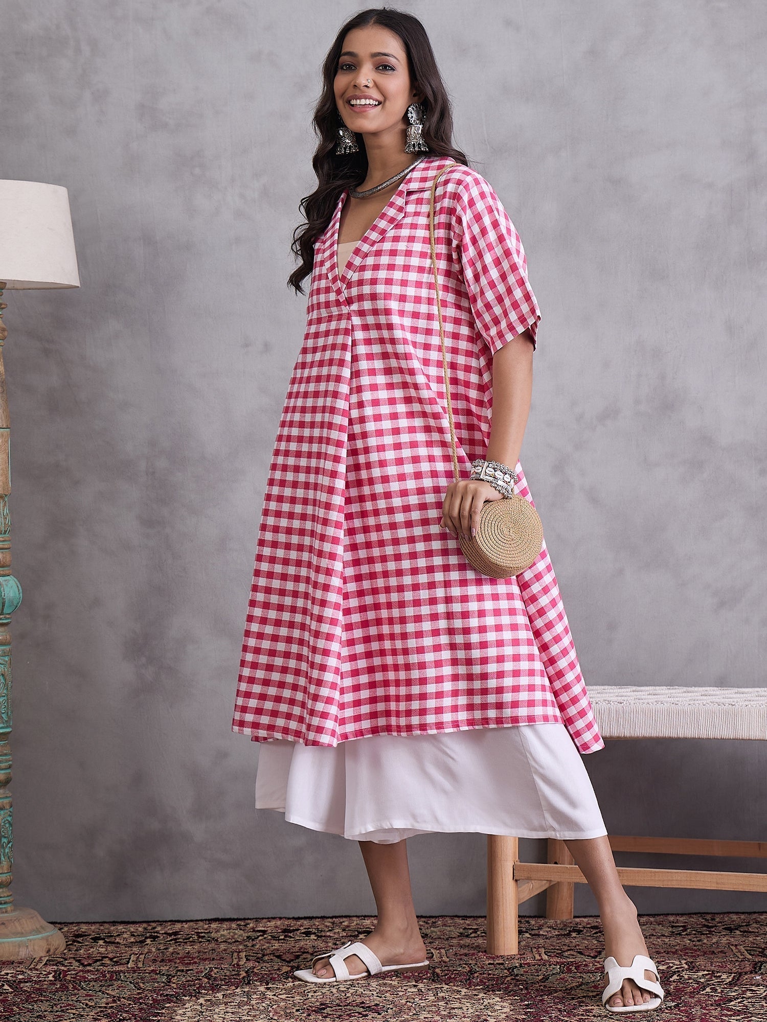 InWeave Pink Big Check Collar Palazzo Set 