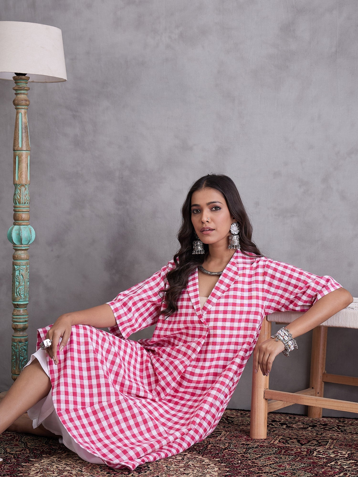 InWeave Pink Big Check Collar Palazzo Set 