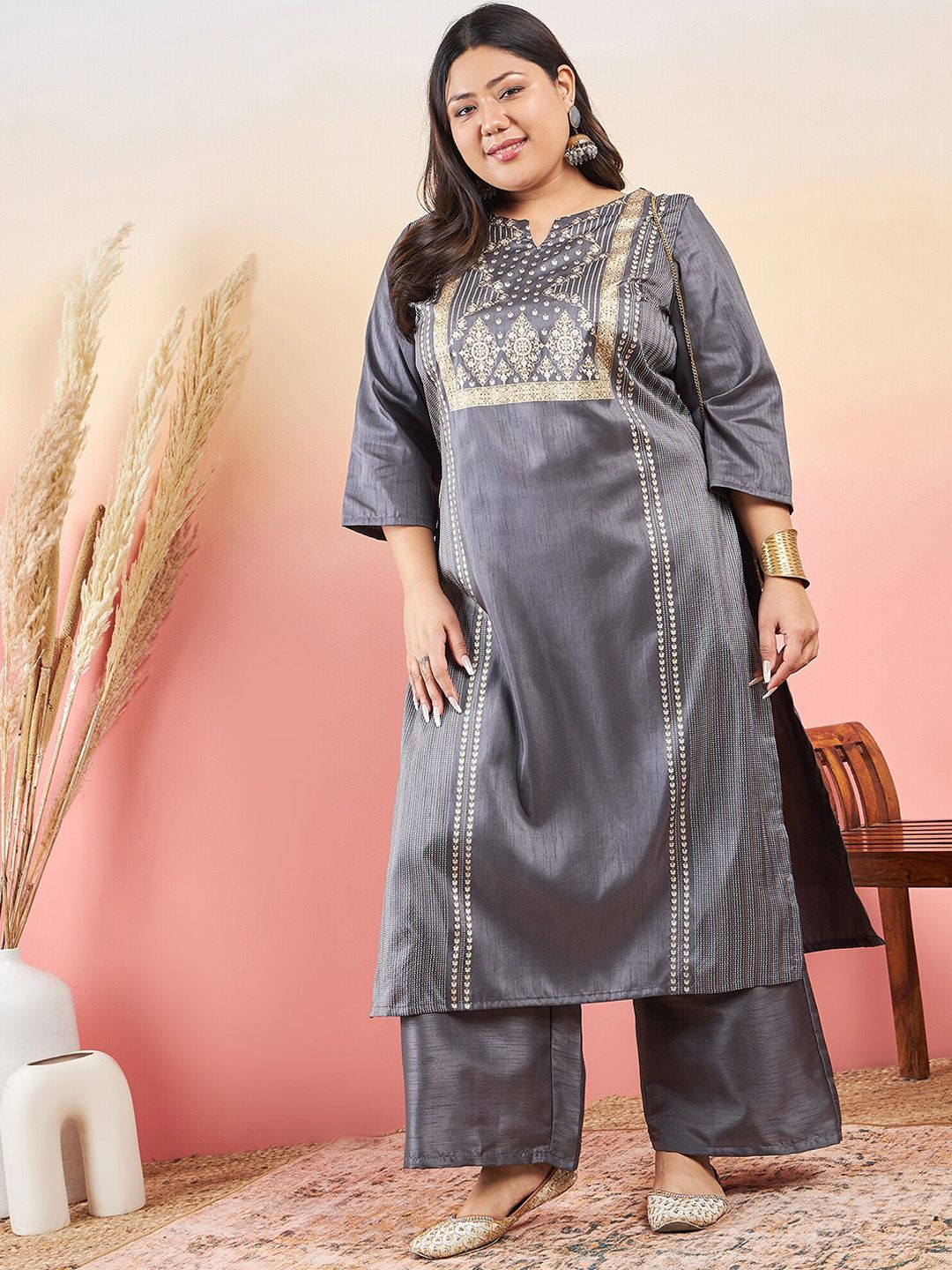 Sztori Ethnic Motifs Printed Notched Neck Straight Kurta With Palazzo