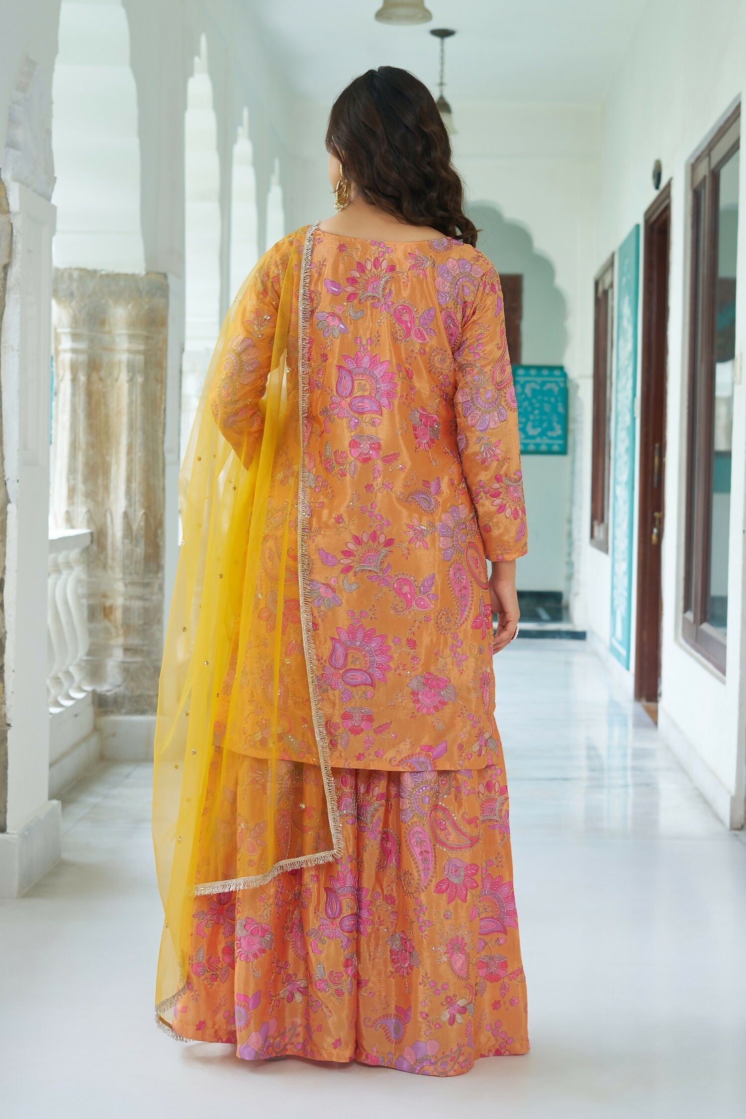 Joban Fashion Yellow Chinnon Embroidery Sequence Work Readymade Kurta Set