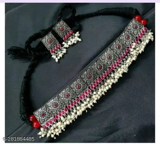 Tehzeeb Creations Women's Oxidised Necklace Set With White Pearl - Swadesiicart