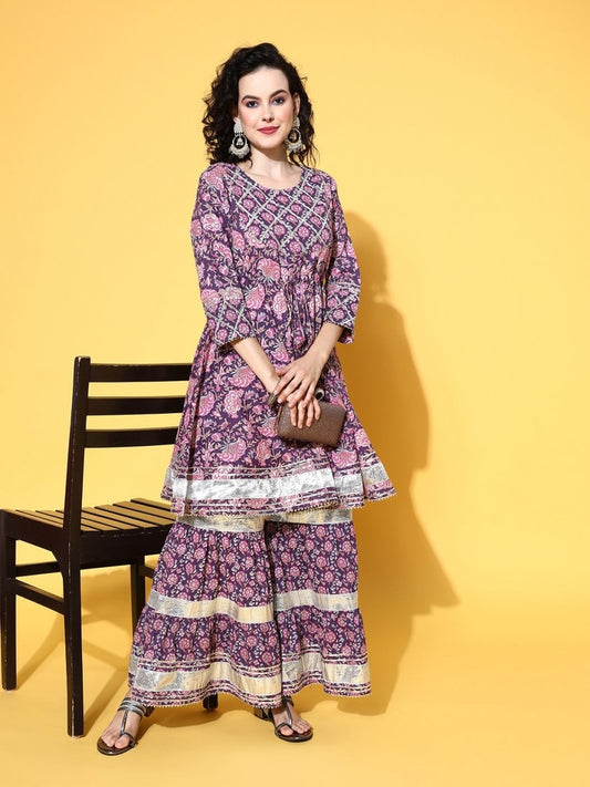 All About You Women Purple Floral Printed Regular Gotta Patti Pure Cotton Kurta with Sharara
