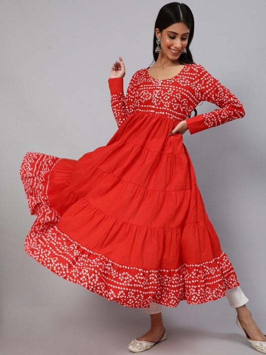 Aks Bandhani Yoke Design Long Sleeves Cotton Anarkali Kurta