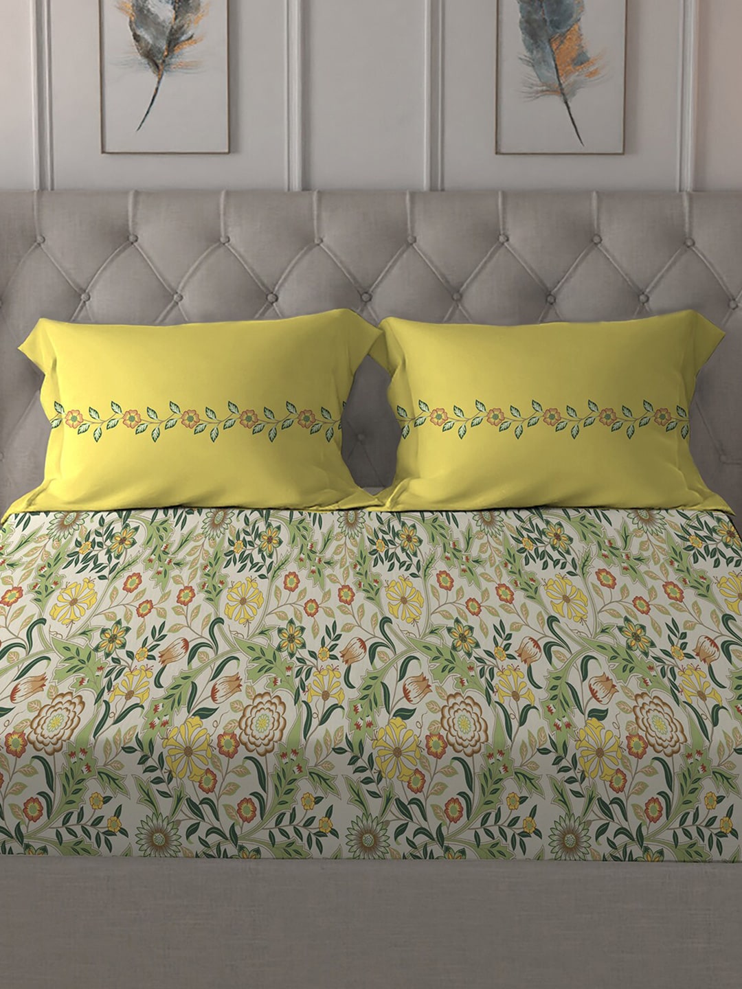 MYTRIDENT Beige White Floral Pure Cotton 144 TC Queen Bedsheet With 2 Pillow Covers 