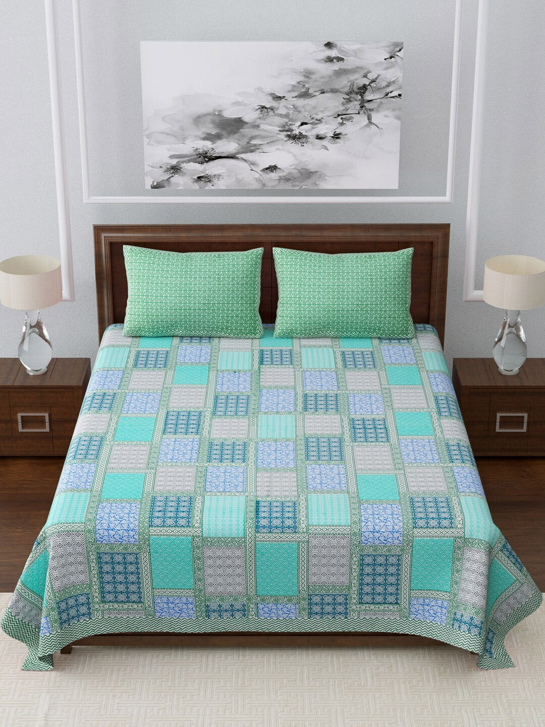 LIVING ROOTS Blue & Green Jaipur Printed 210 TC King Bedsheet with 2 Pillow Covers 