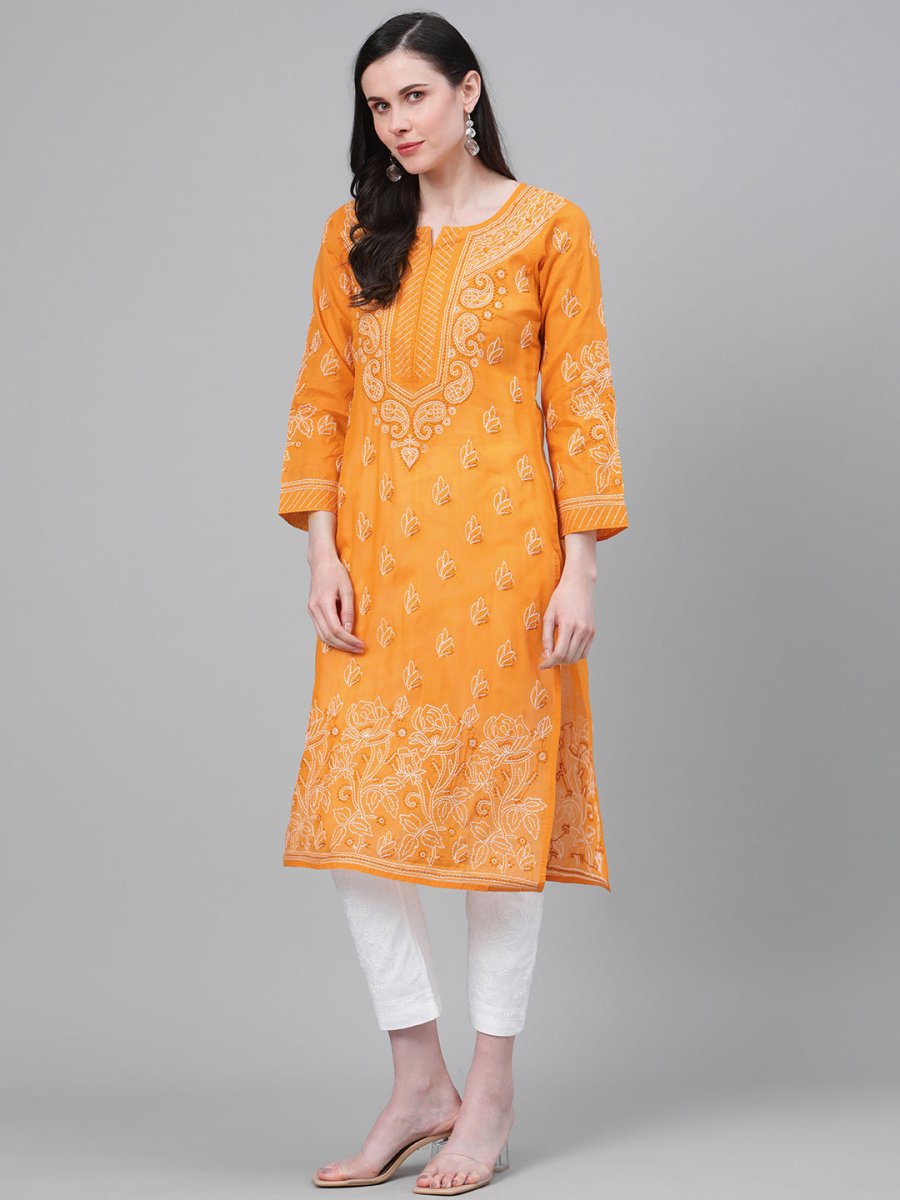 ADA Women Mustard Yellow & White Chikankari Embroidered Cotton Sustainable Handloom Kurta with Palazzos 